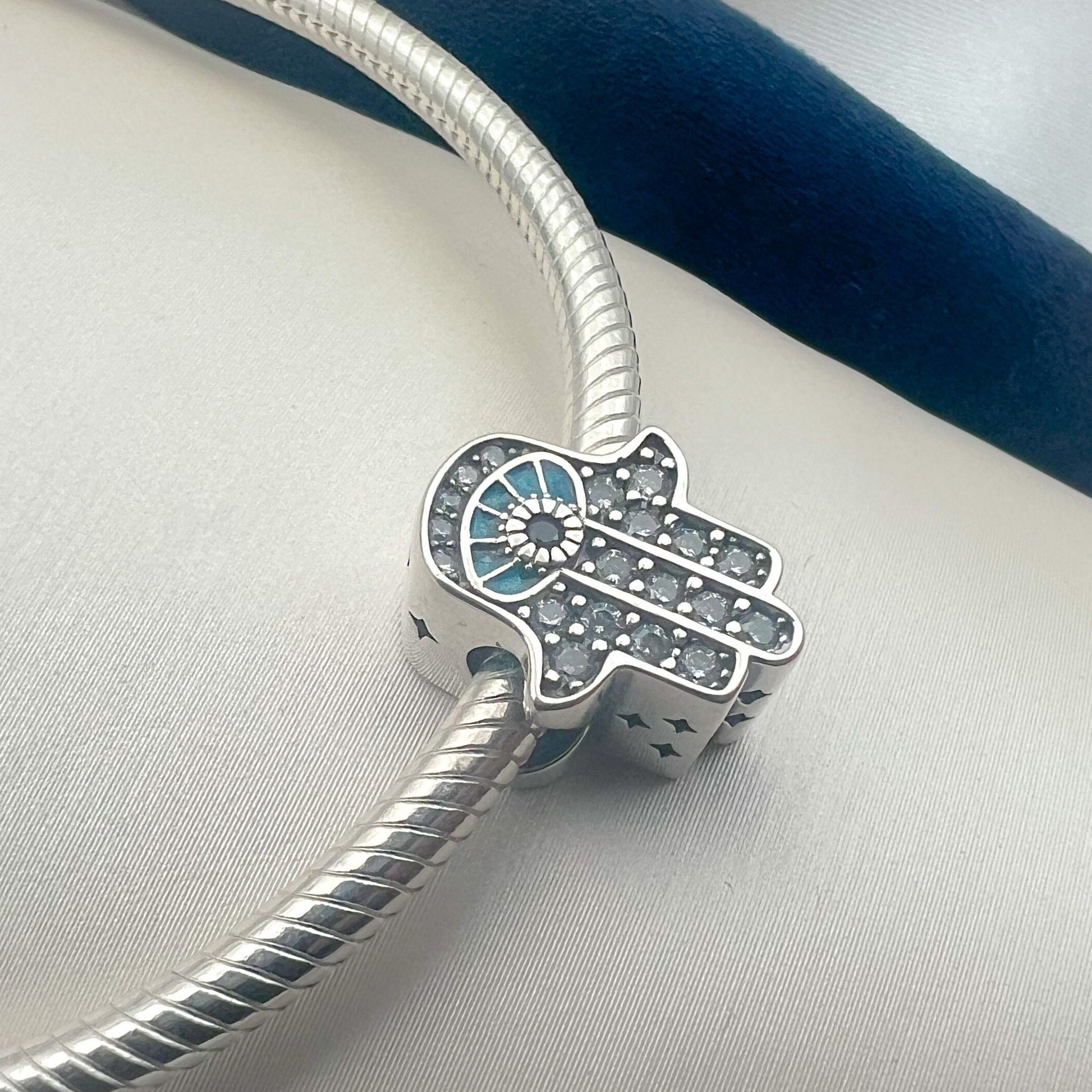 Hamsa Charm in Silver 925 with Blue Sapphire, Zircons and Turquoise - Perfect for Pandora Bracelets