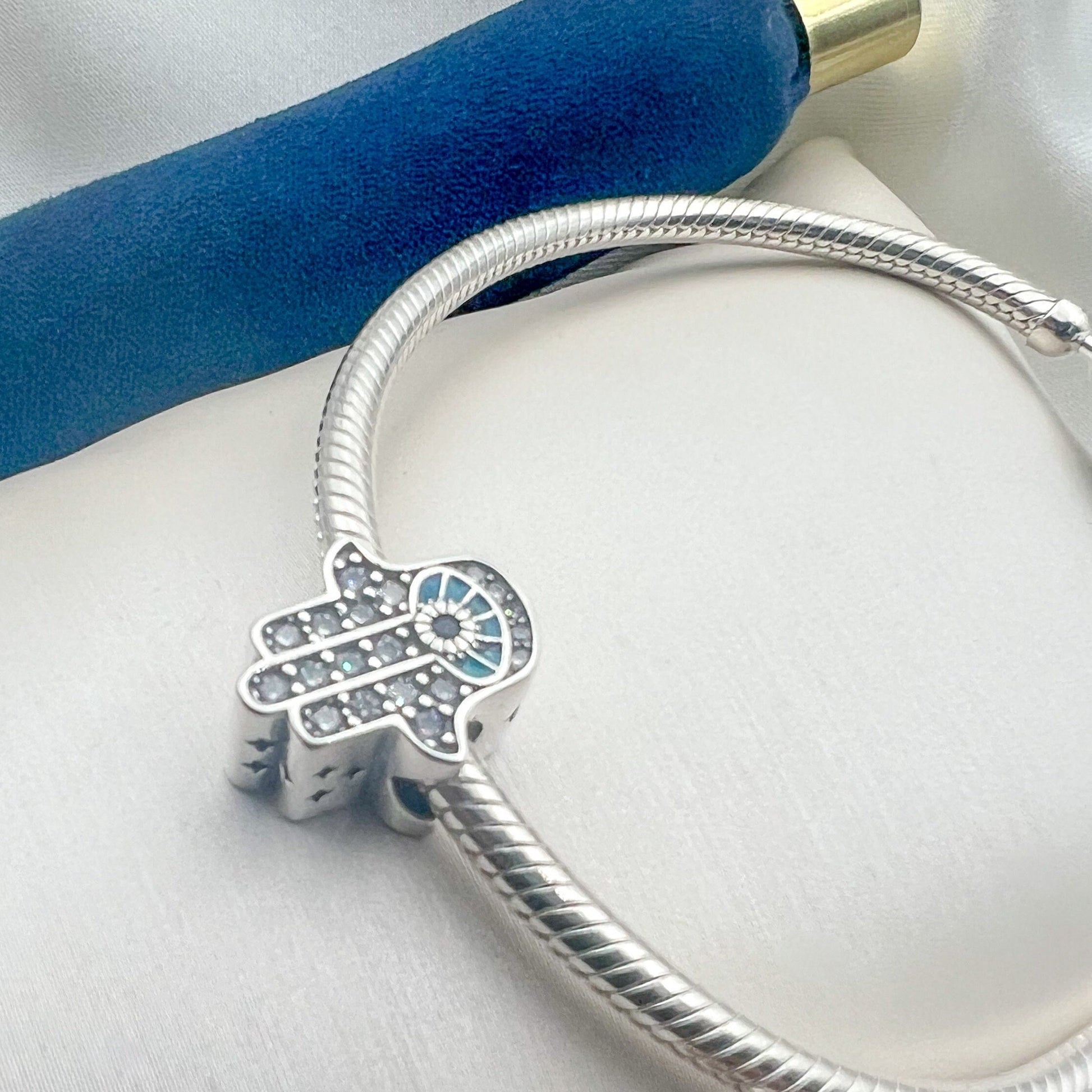 Hamsa Charm in Silver 925 with Blue Sapphire, Zircons and Turquoise - Perfect for Pandora Bracelets