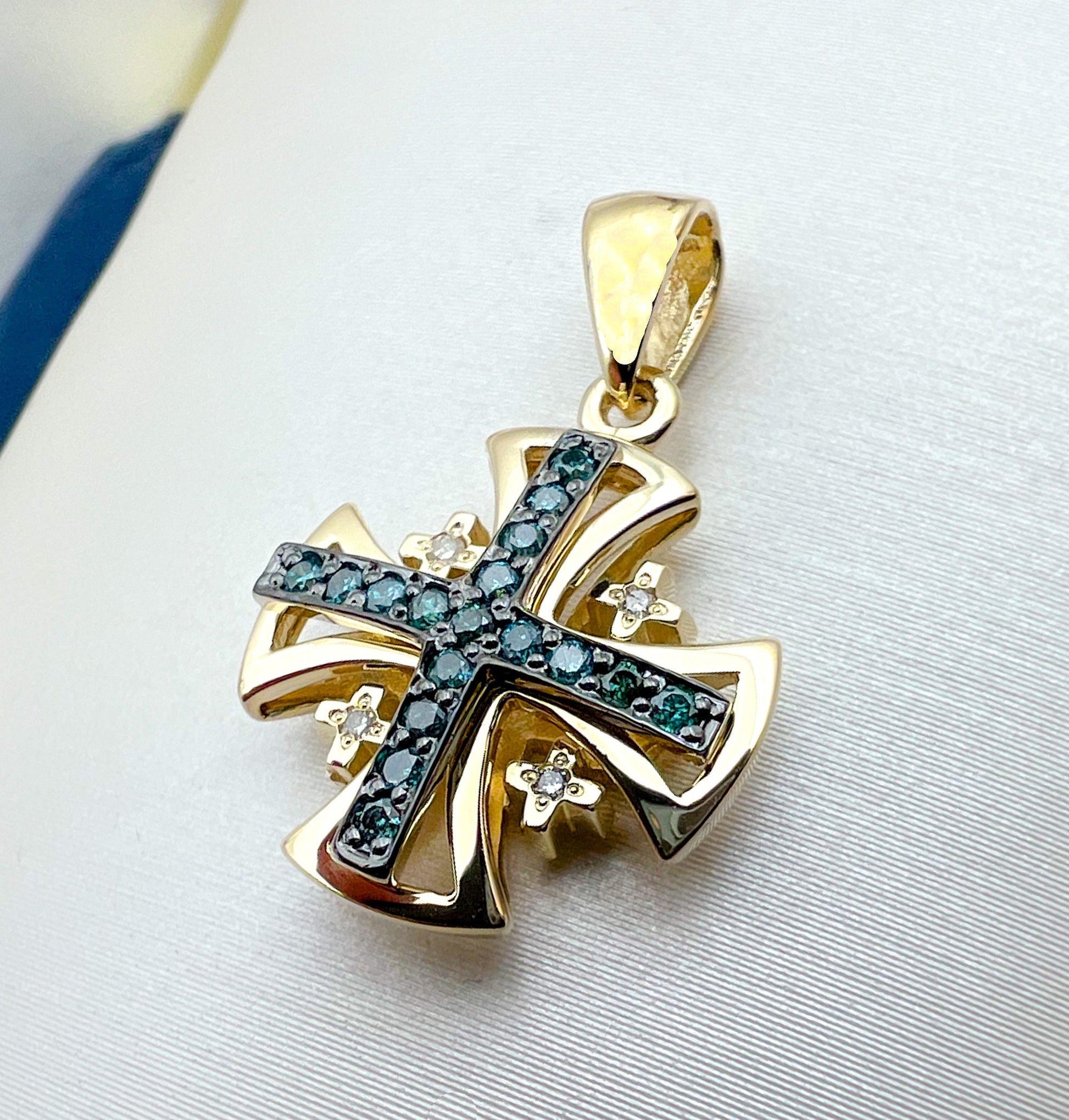 Jerusalem Cross Pendant in 14k Gold with 21 Blue and White Diamonds A Symbol of Faith and Devotion