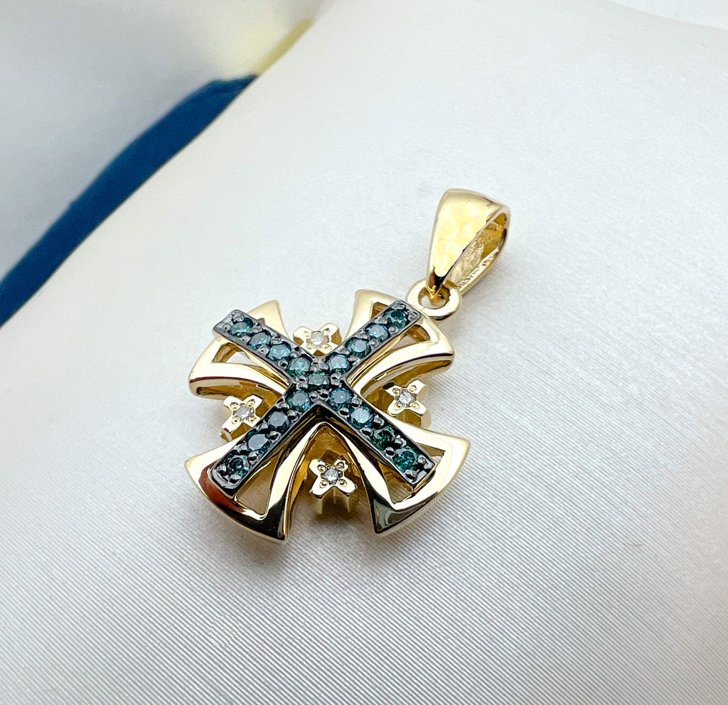 Jerusalem Cross Pendant in 14k Gold with 21 Blue and White Diamonds A Symbol of Faith and Devotion