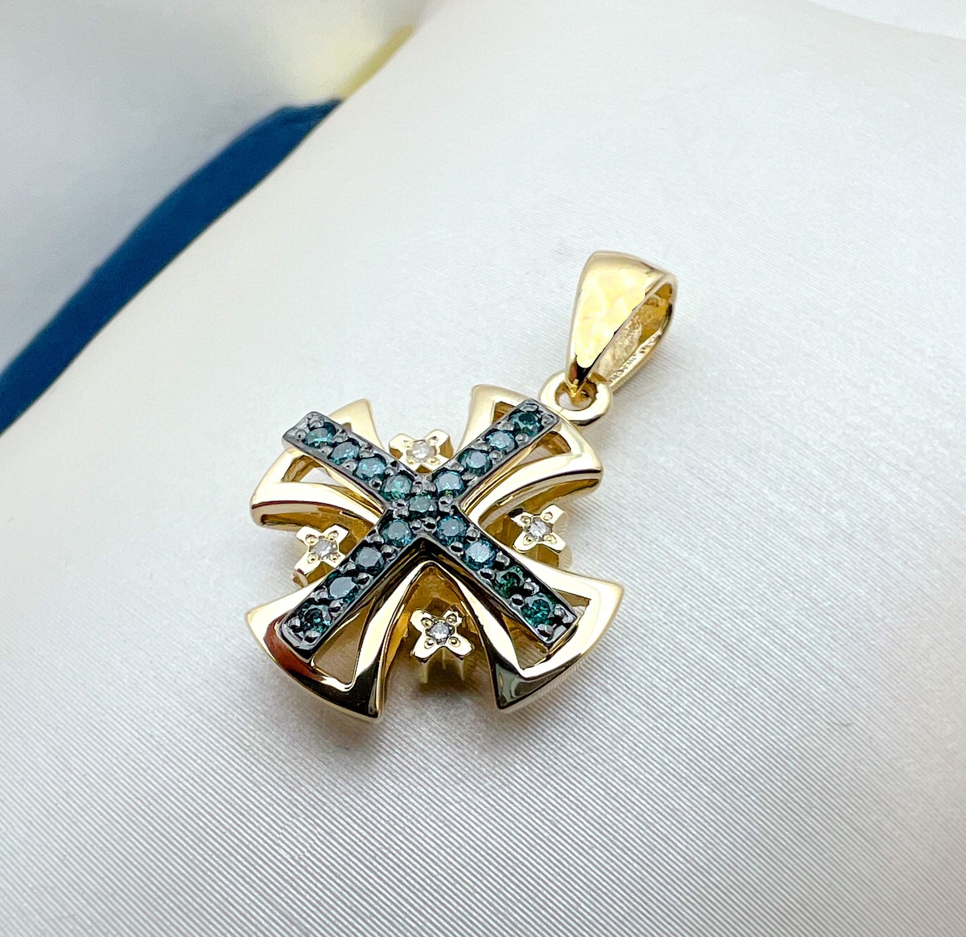 Jerusalem Cross Pendant in 14k Gold with 21 Blue and White Diamonds A Symbol of Faith and Devotion