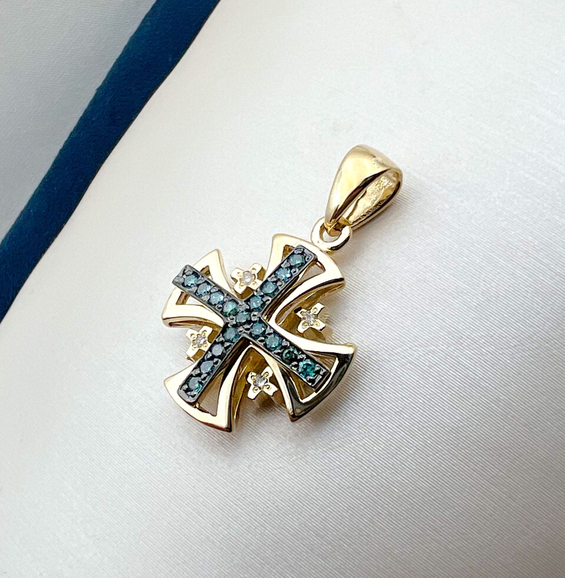 Jerusalem Cross Pendant in 14k Gold with 21 Blue and White Diamonds A Symbol of Faith and Devotion