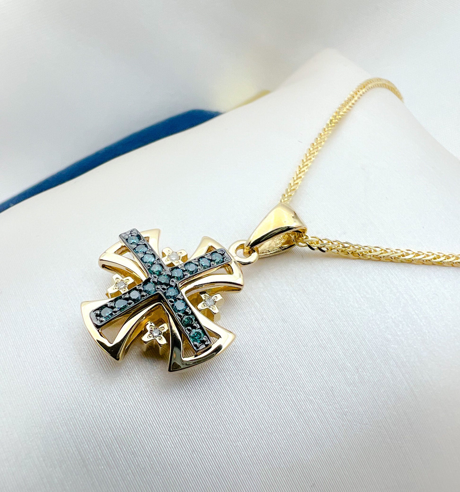 Faithful Jerusalem Cross 14k Gold Pendant with Blue Diamonds Divine Embrace of Beauty