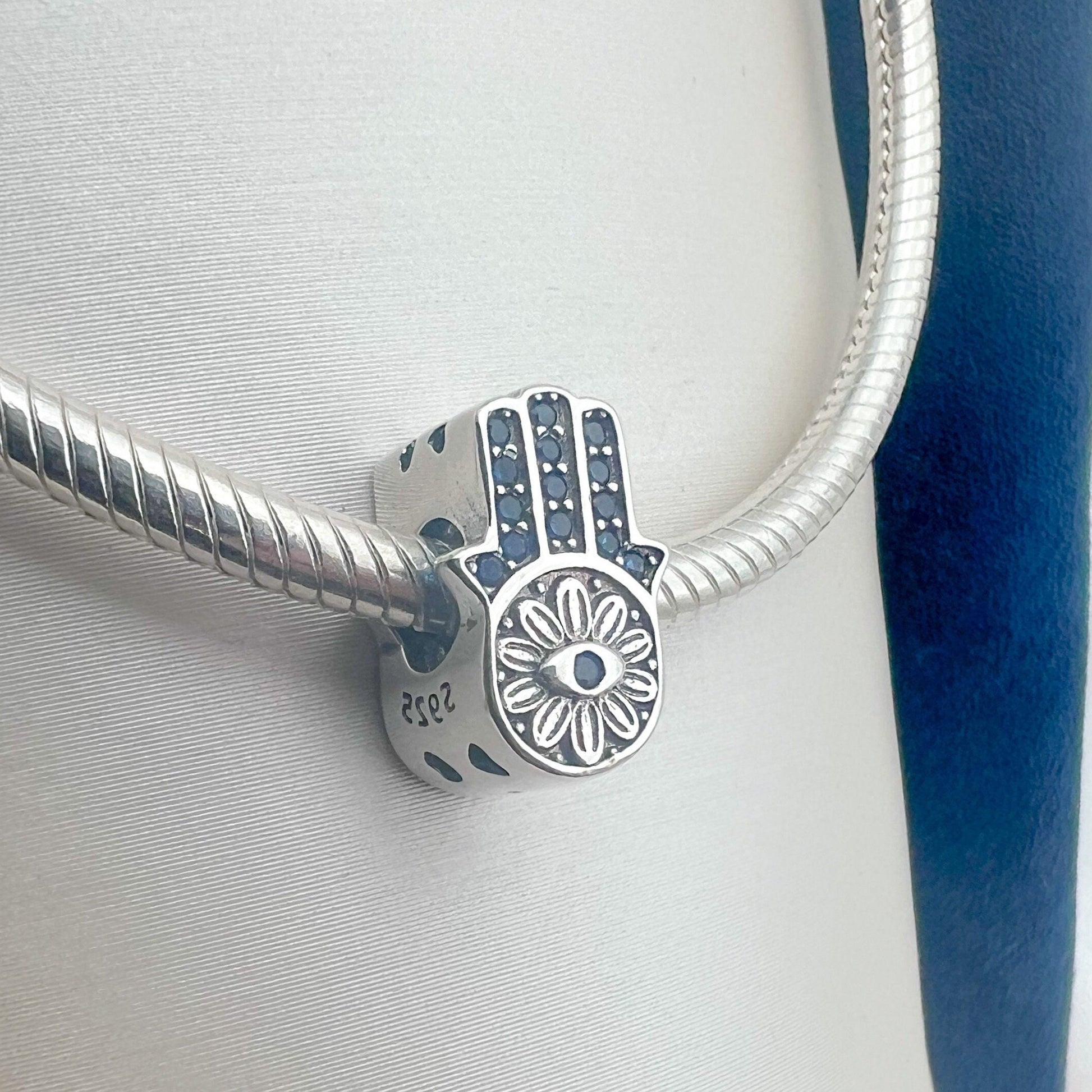 Hamsa Charm in Silver 925 with Zircons and Sapphire Detail for Pandora Bracelet