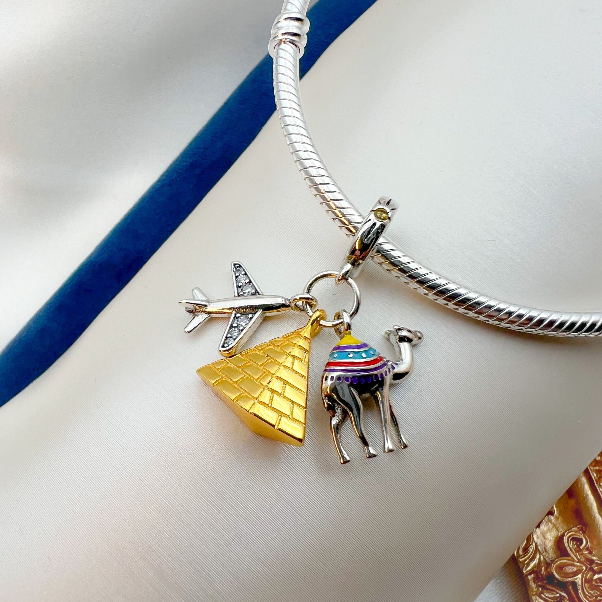 Egyptian Adventure Charm in Sterling Silver with Pyramid, Camel and Airplane