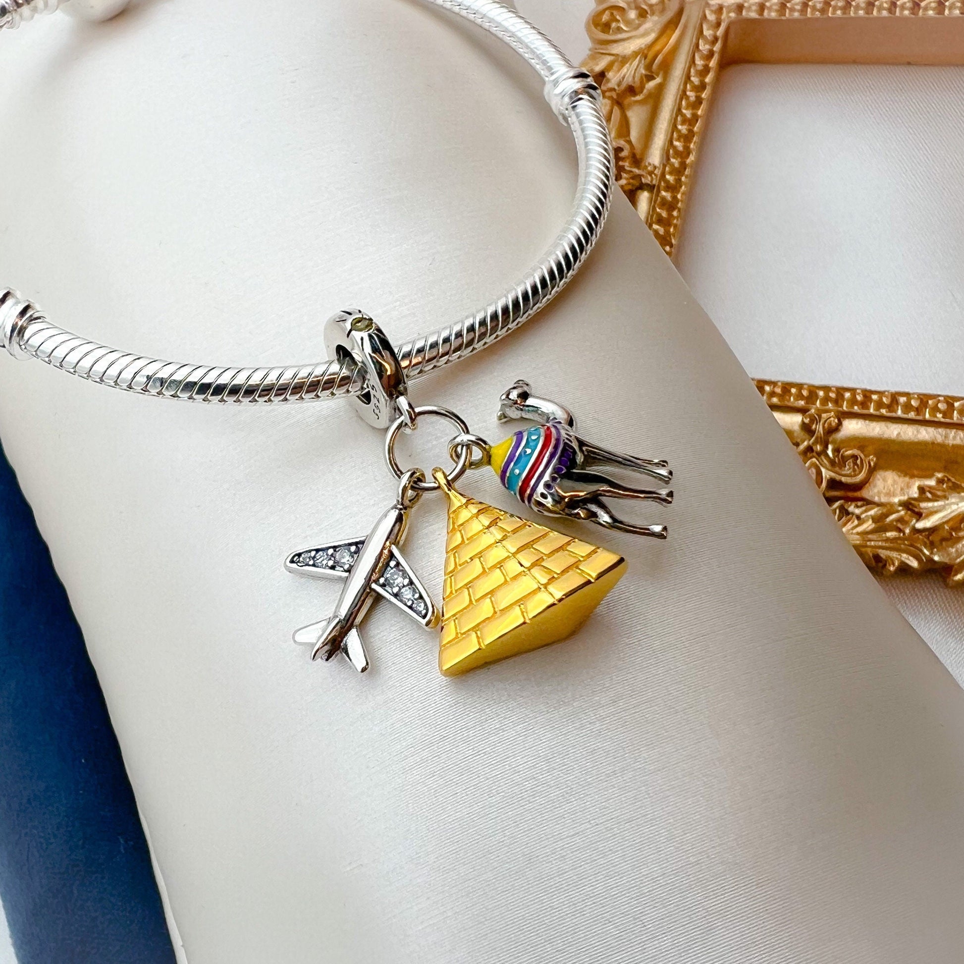 Egyptian Adventure Charm in Sterling Silver with Pyramid, Camel and Airplane