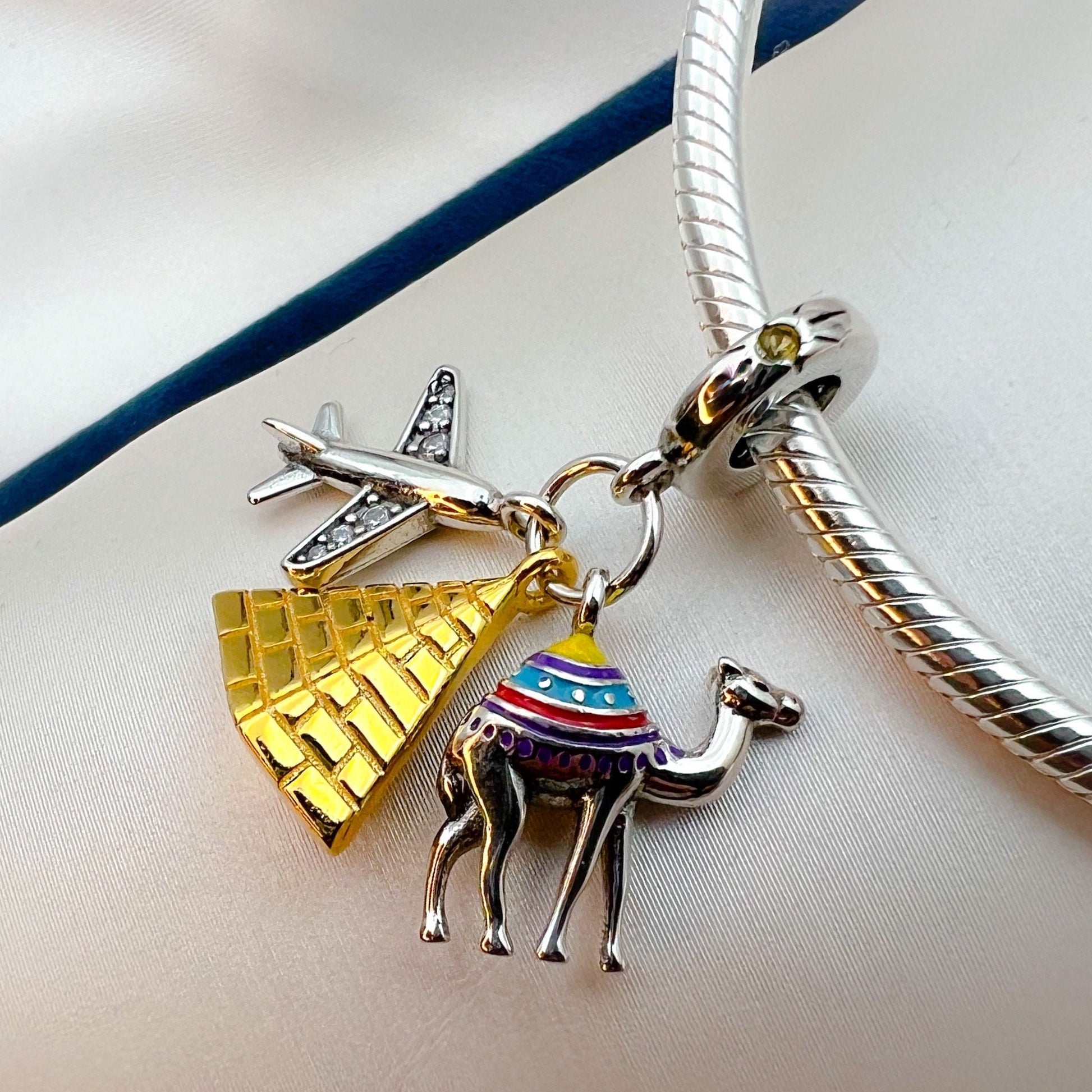 Egyptian Adventure Charm in Sterling Silver with Pyramid, Camel and Airplane
