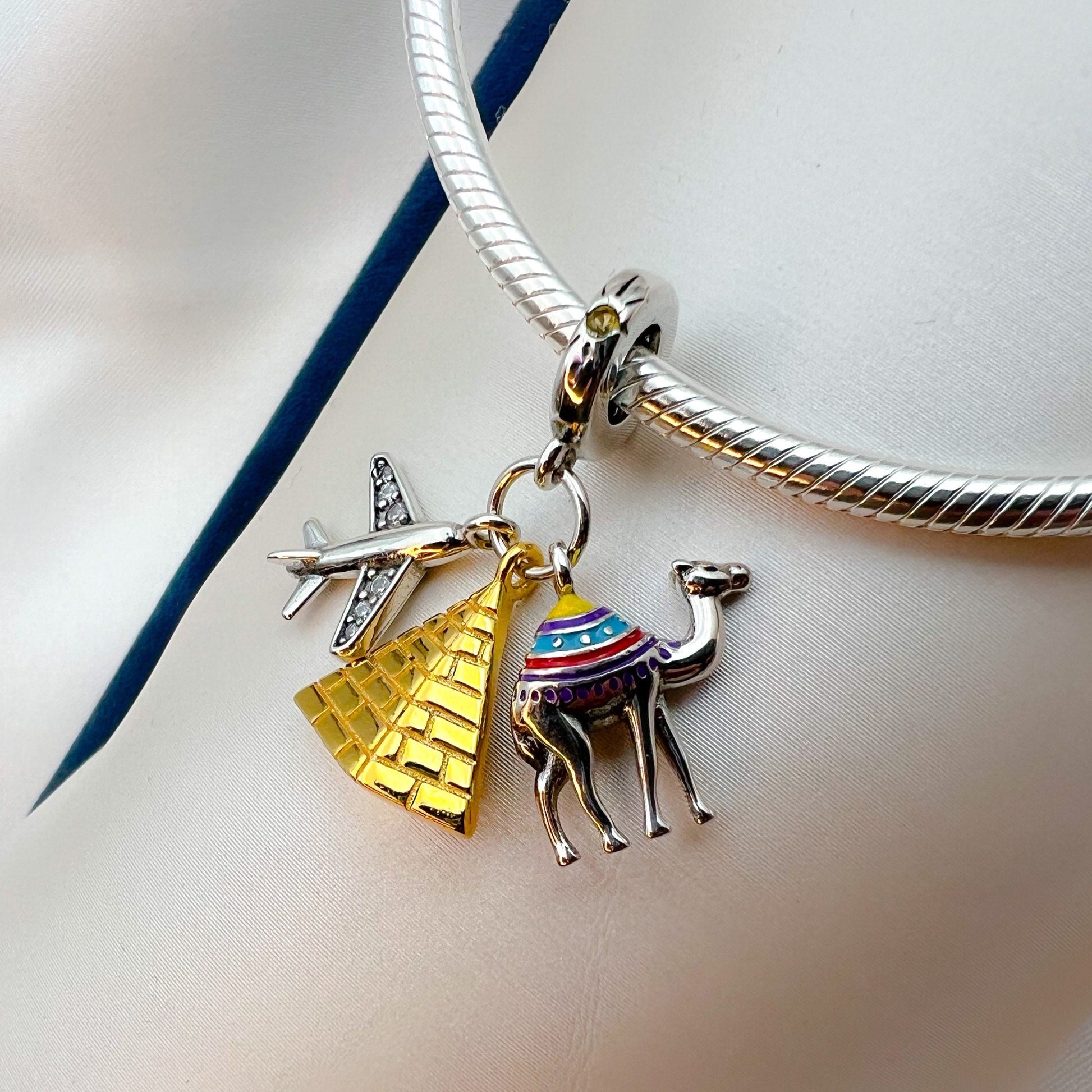 Egyptian Adventure Charm in Sterling Silver with Pyramid, Camel and Airplane