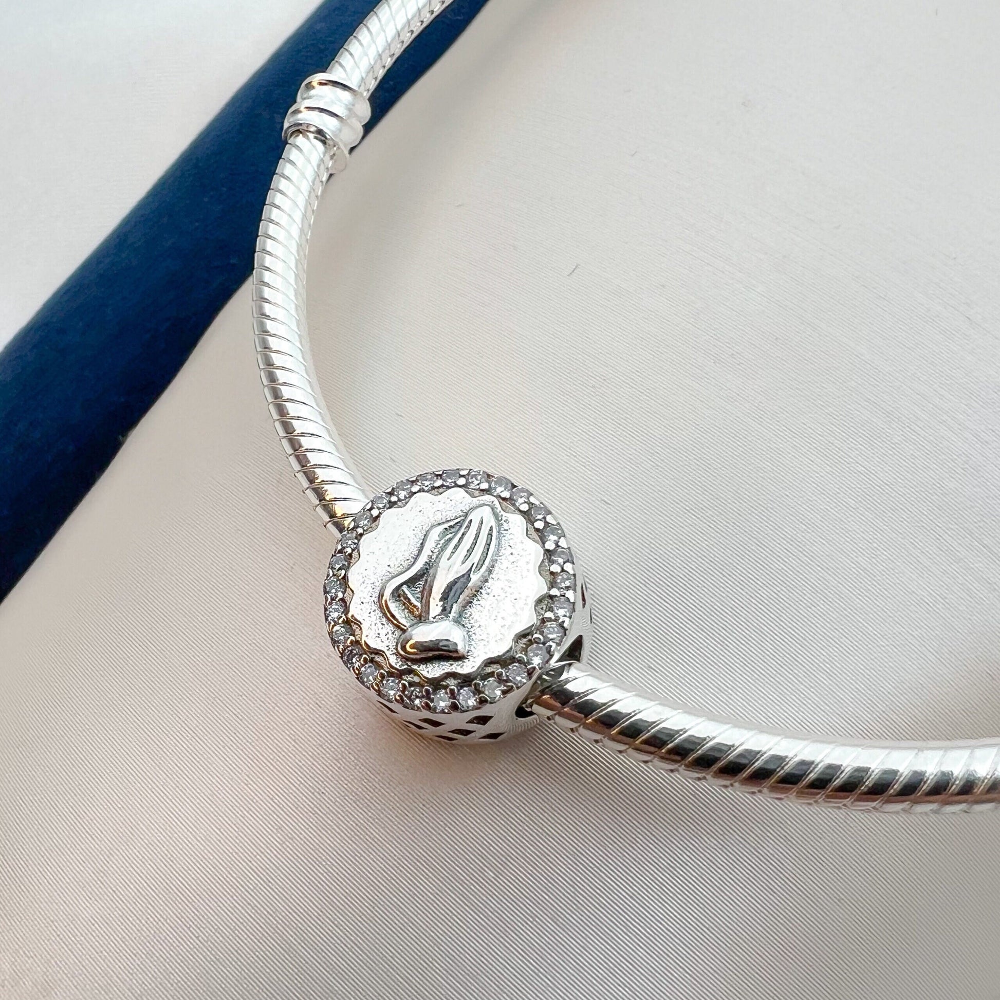 Elegant Sterling Silver Praying Hands Charm with White Zircons – Perfect for Pandora Bracelets