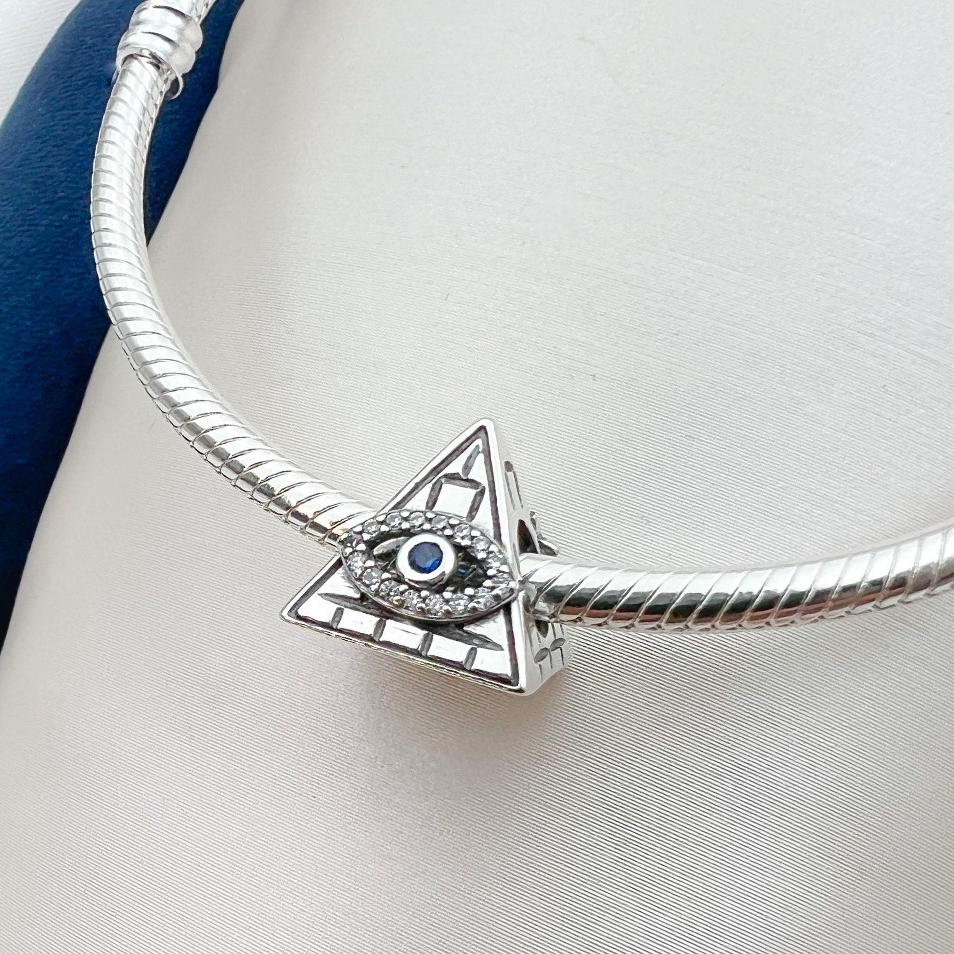 Egyptian Pyramid and Evil Eye Charm in Sterling Silver 925 with Blue Sapphire – Fits Pandora Bracelets