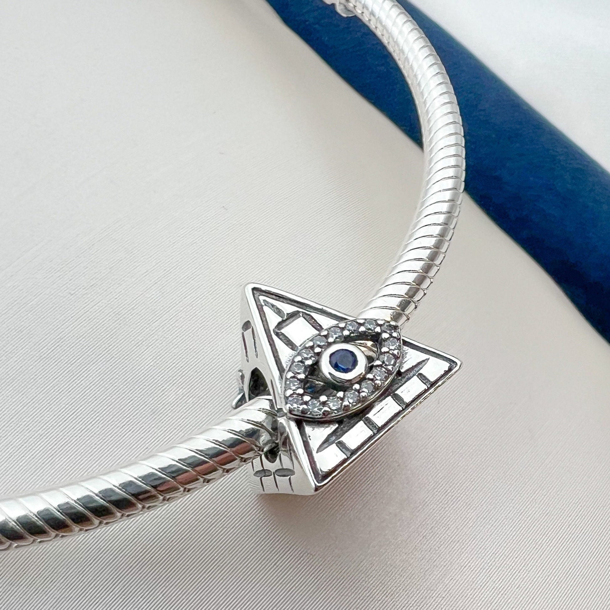 Egyptian Pyramid and Evil Eye Charm in Sterling Silver 925 with Blue Sapphire – Fits Pandora Bracelets