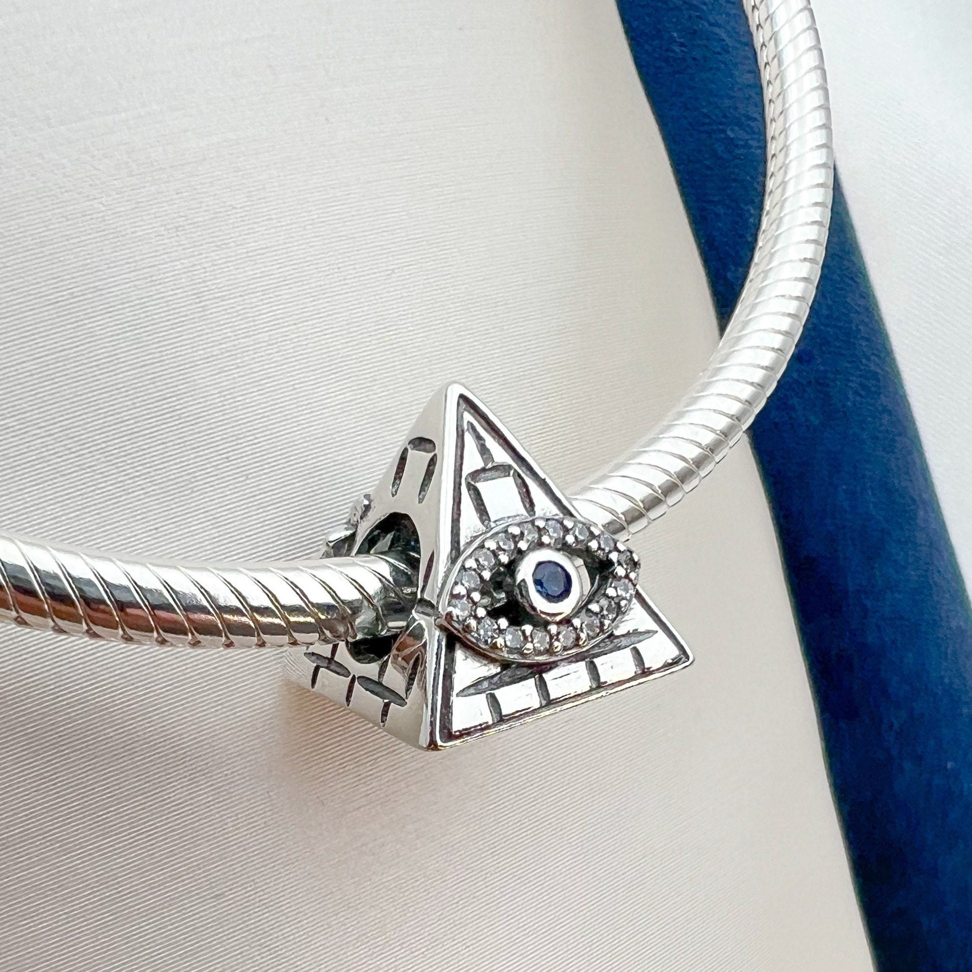 Egyptian Pyramid and Evil Eye Charm in Sterling Silver 925 with Blue Sapphire – Fits Pandora Bracelets