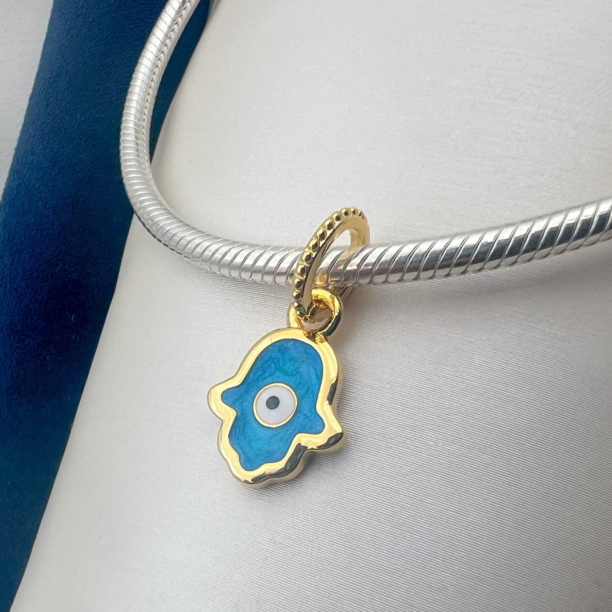 Hamsa Charm in Silver 925 with Golden and Turquoise Detail for Pandora Bracelet