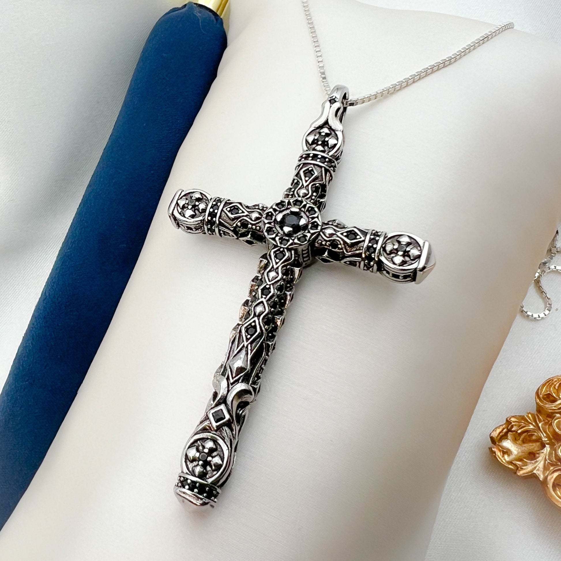 Intricate Sterling Silver Cross Pendant with Onyx Accents