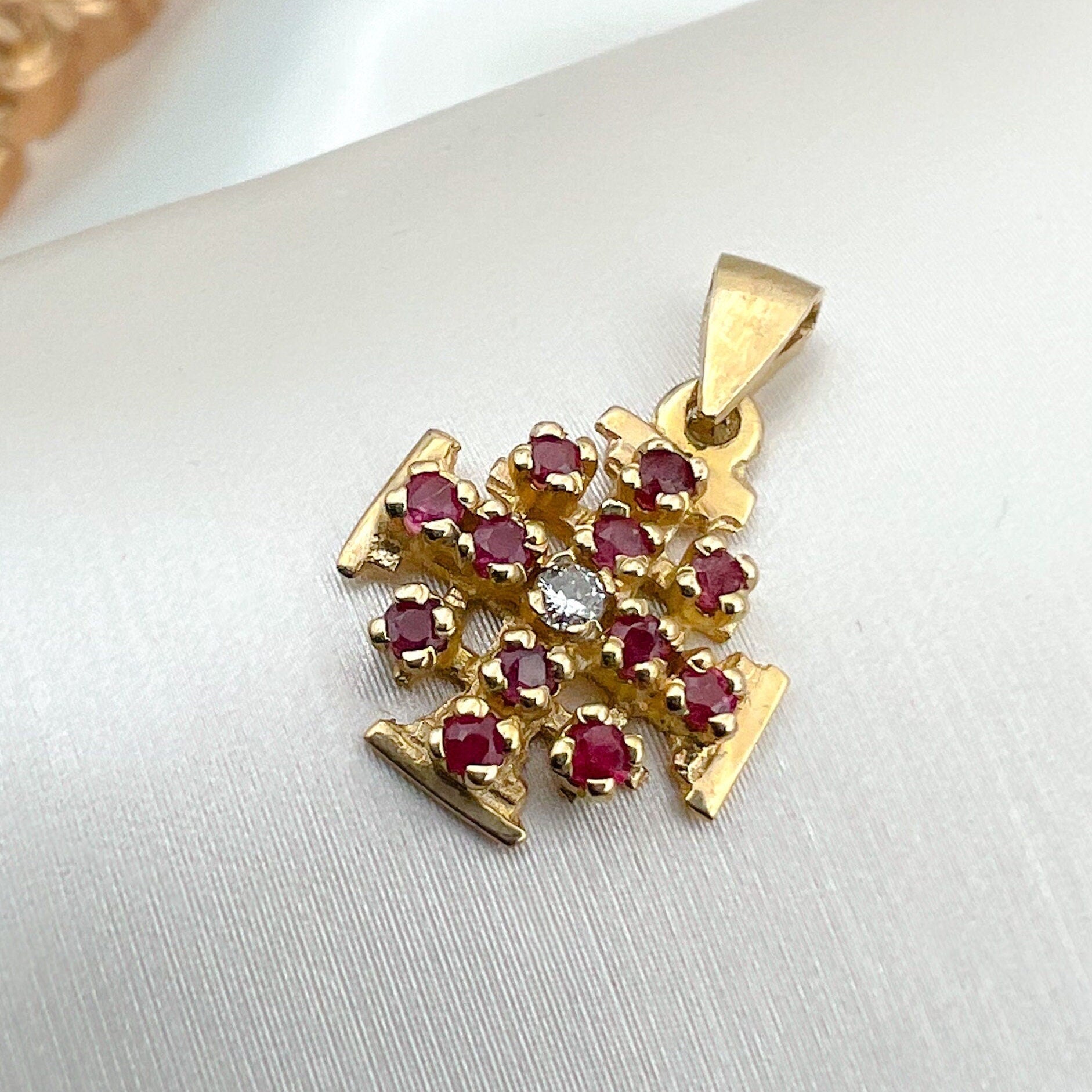 Jerusalem Cross Pendant in 14k Yellow Gold with Rubies and Diamond 0.03ct