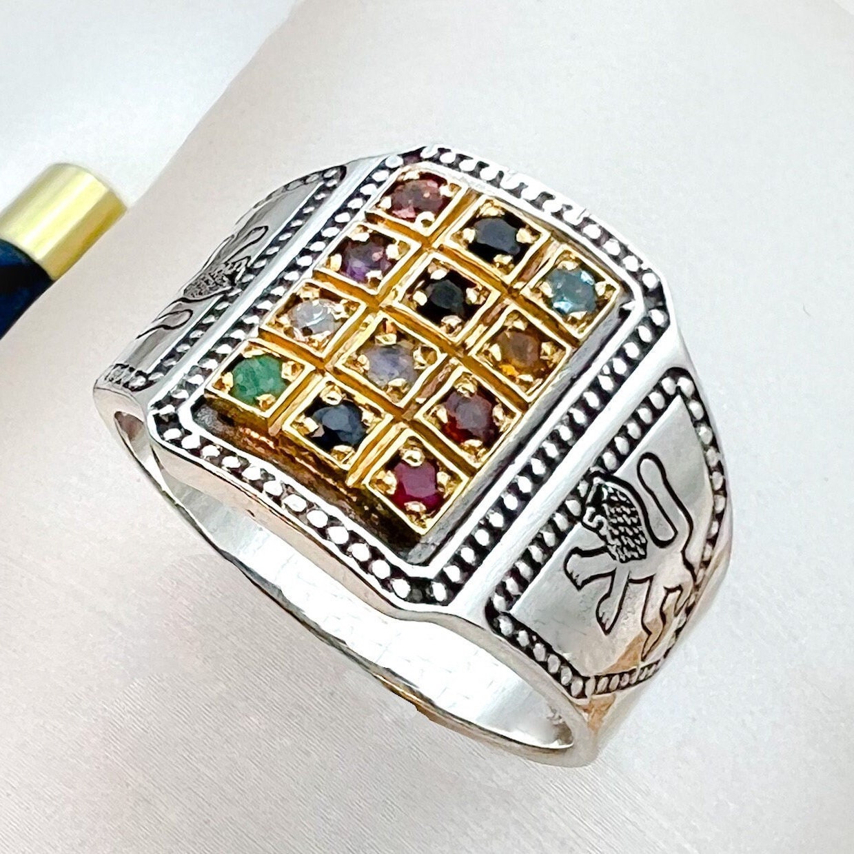 14k Gold Handmade Hoshen Ring with Lion of Judah and 12 Gemstones