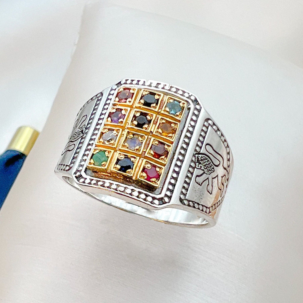 14k Gold Handmade Hoshen Ring with Lion of Judah and 12 Gemstones