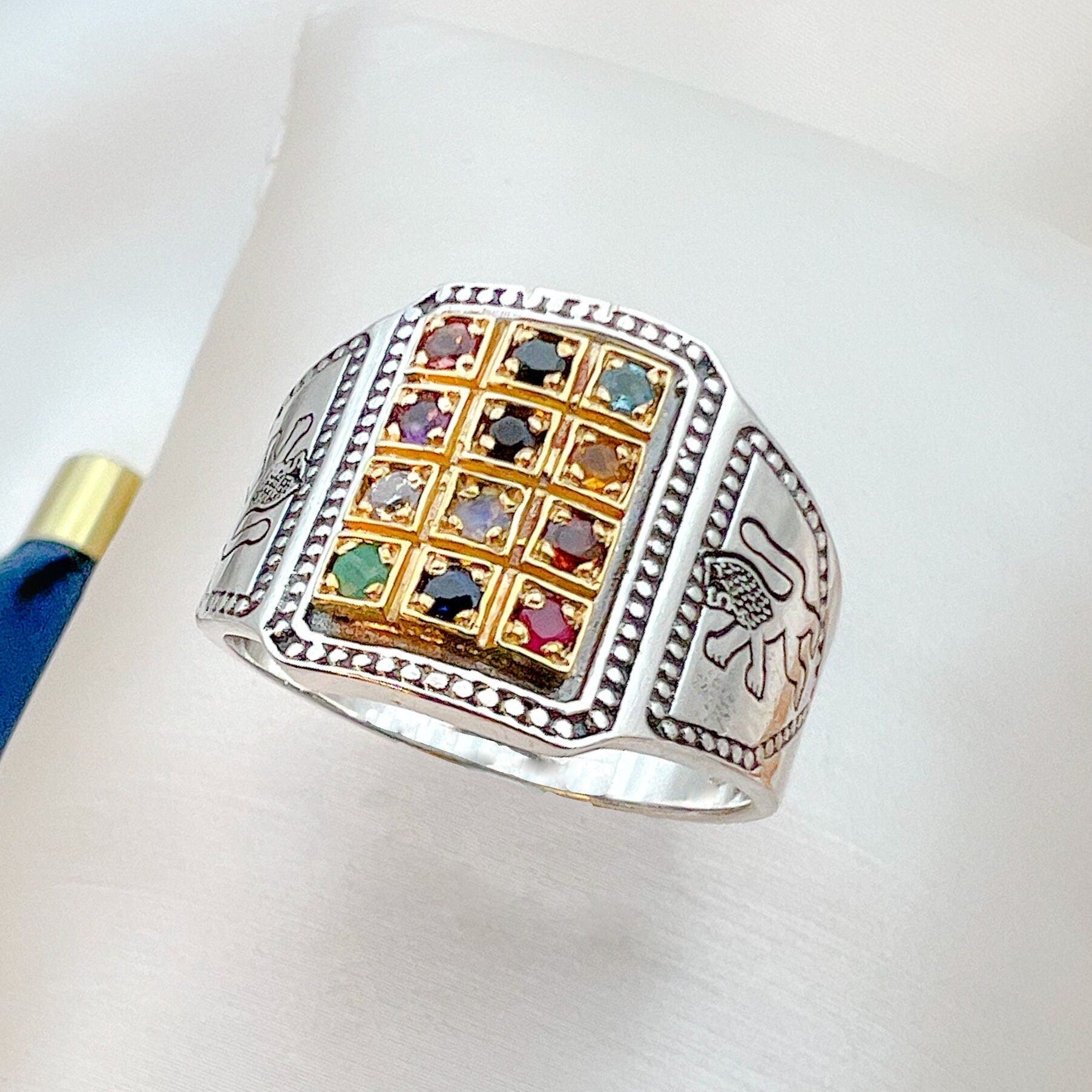 14k Gold Handmade Hoshen Ring with Lion of Judah and 12 Gemstones