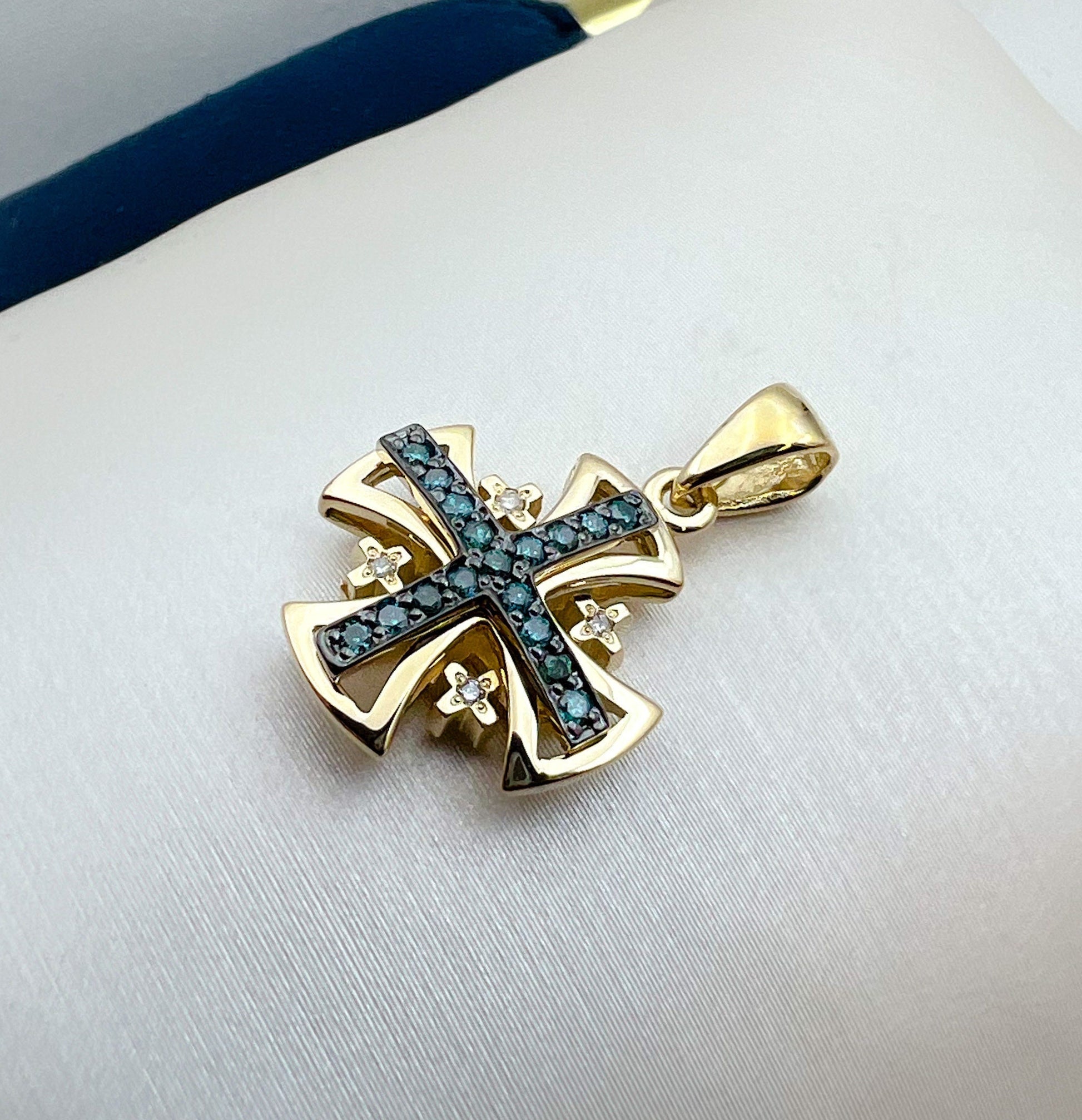 Faithful Jerusalem Cross 14k Gold Pendant with Blue Diamonds Divine Embrace of Beauty