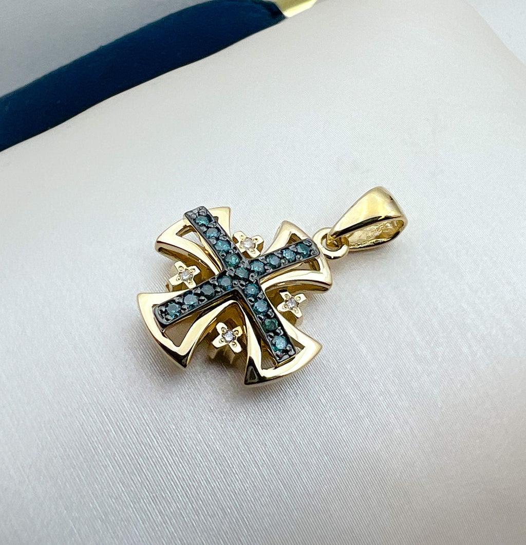 Jerusalem Cross Pendant in 14k Gold with 21 Blue and White Diamonds A Symbol of Faith and Devotion