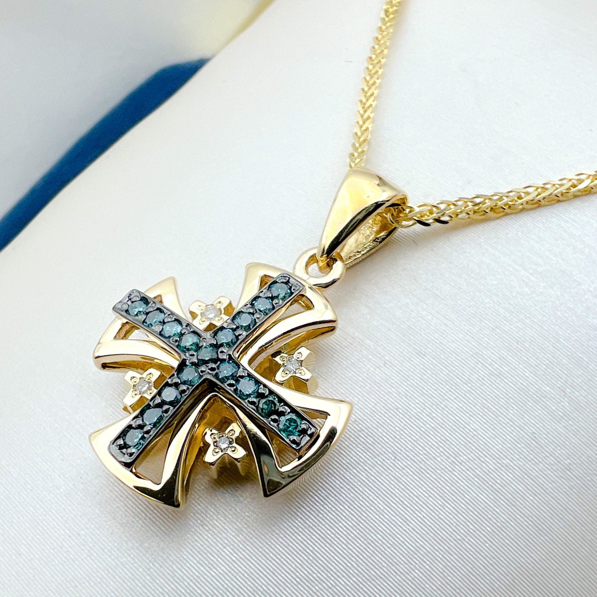 Faithful Jerusalem Cross 14k Gold Pendant with Blue Diamonds Divine Embrace of Beauty