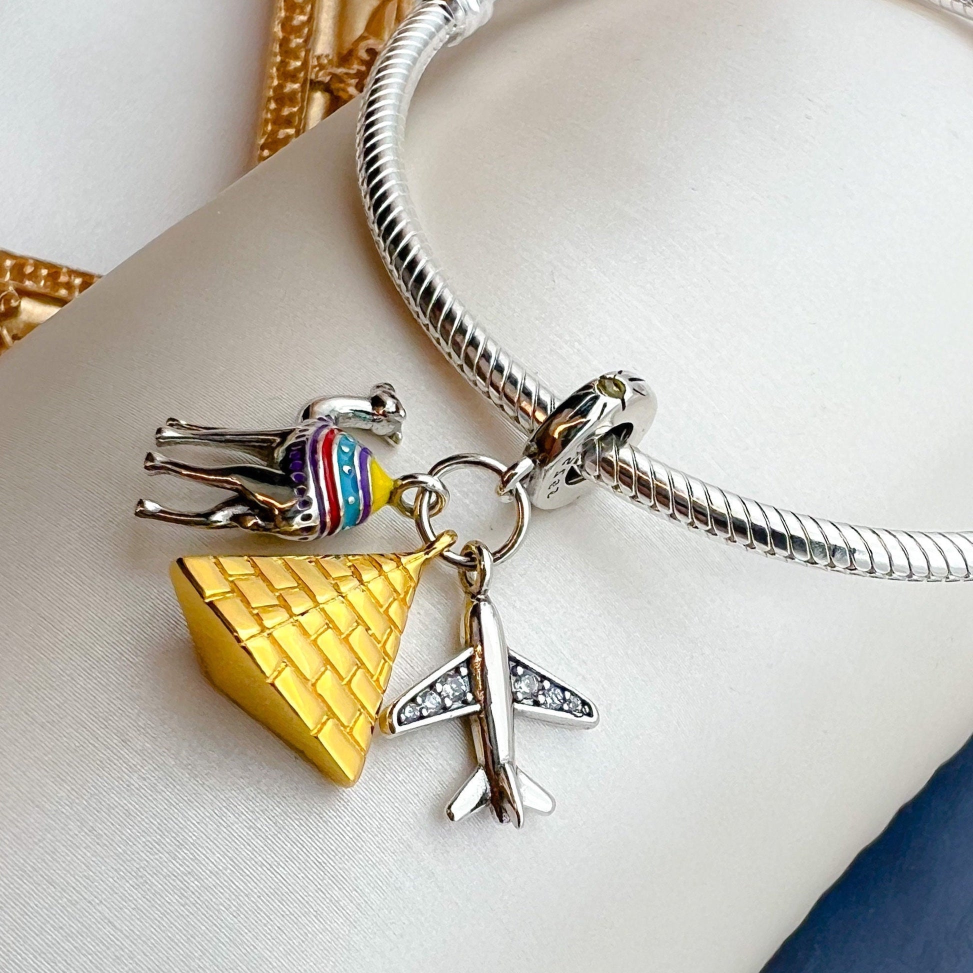 Egyptian Adventure Charm in Sterling Silver with Pyramid, Camel and Airplane