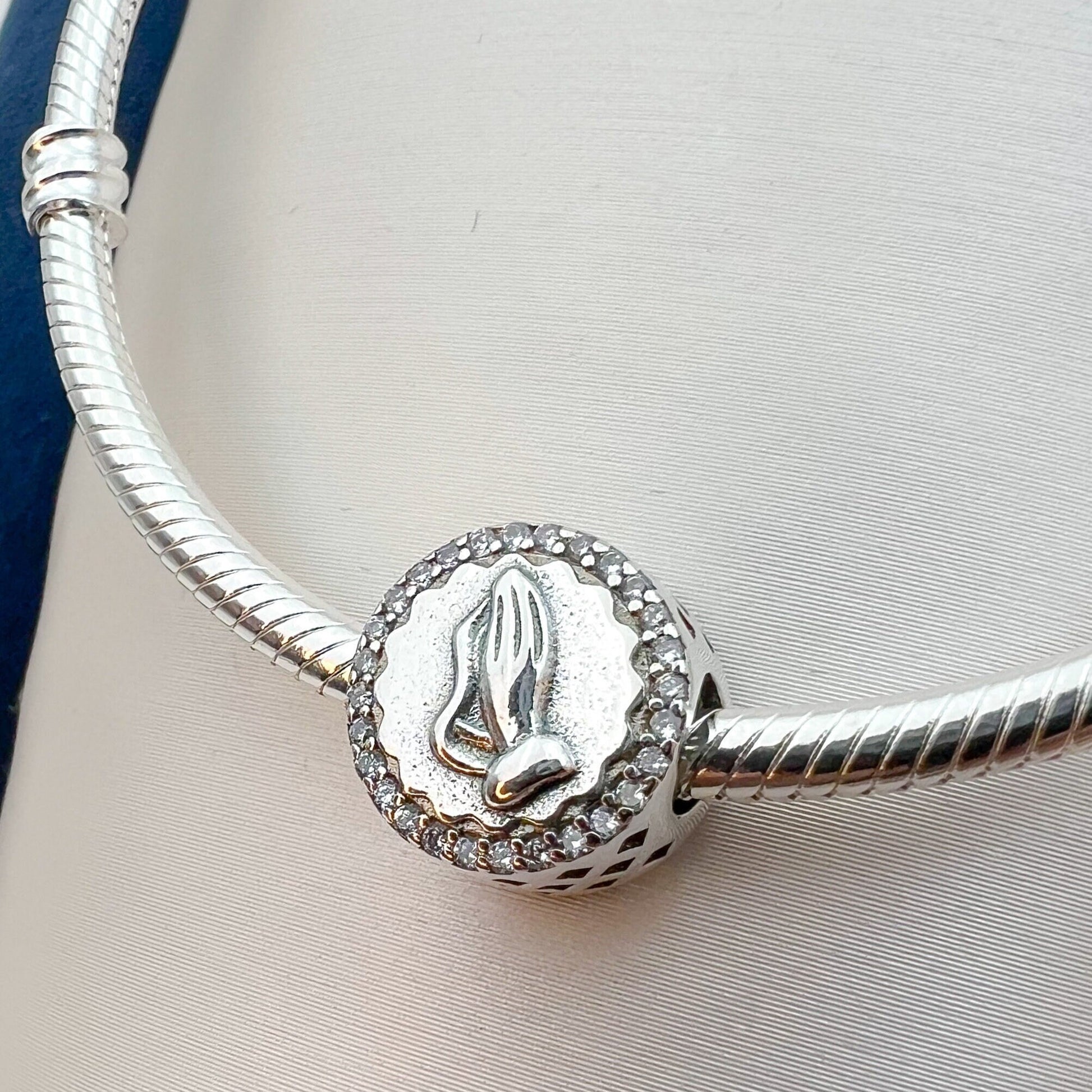 Elegant Sterling Silver Praying Hands Charm with White Zircons – Perfect for Pandora Bracelets