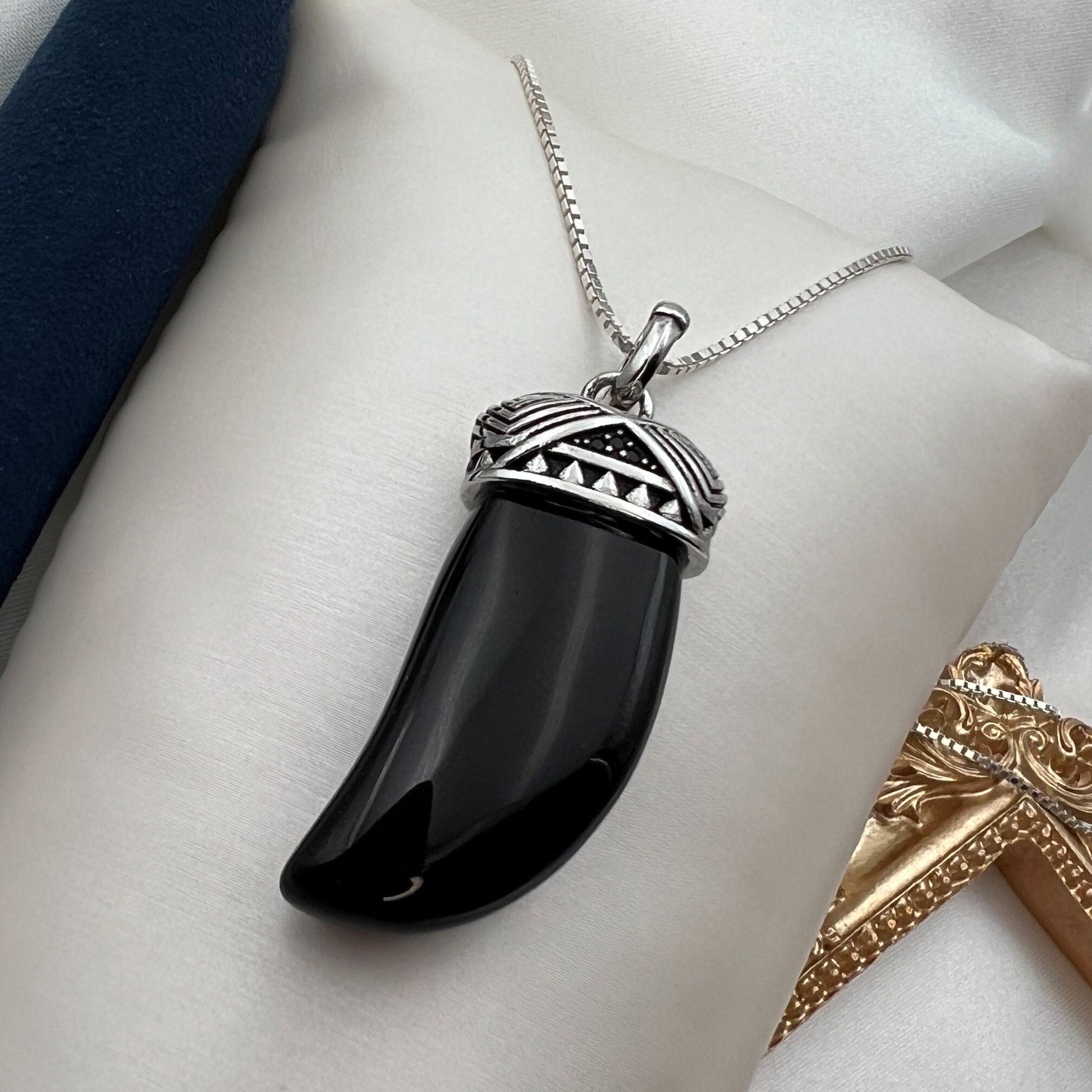 Tiger Tooth Pendant with Black Onyx Stone in Premium 925 Sterling Silver