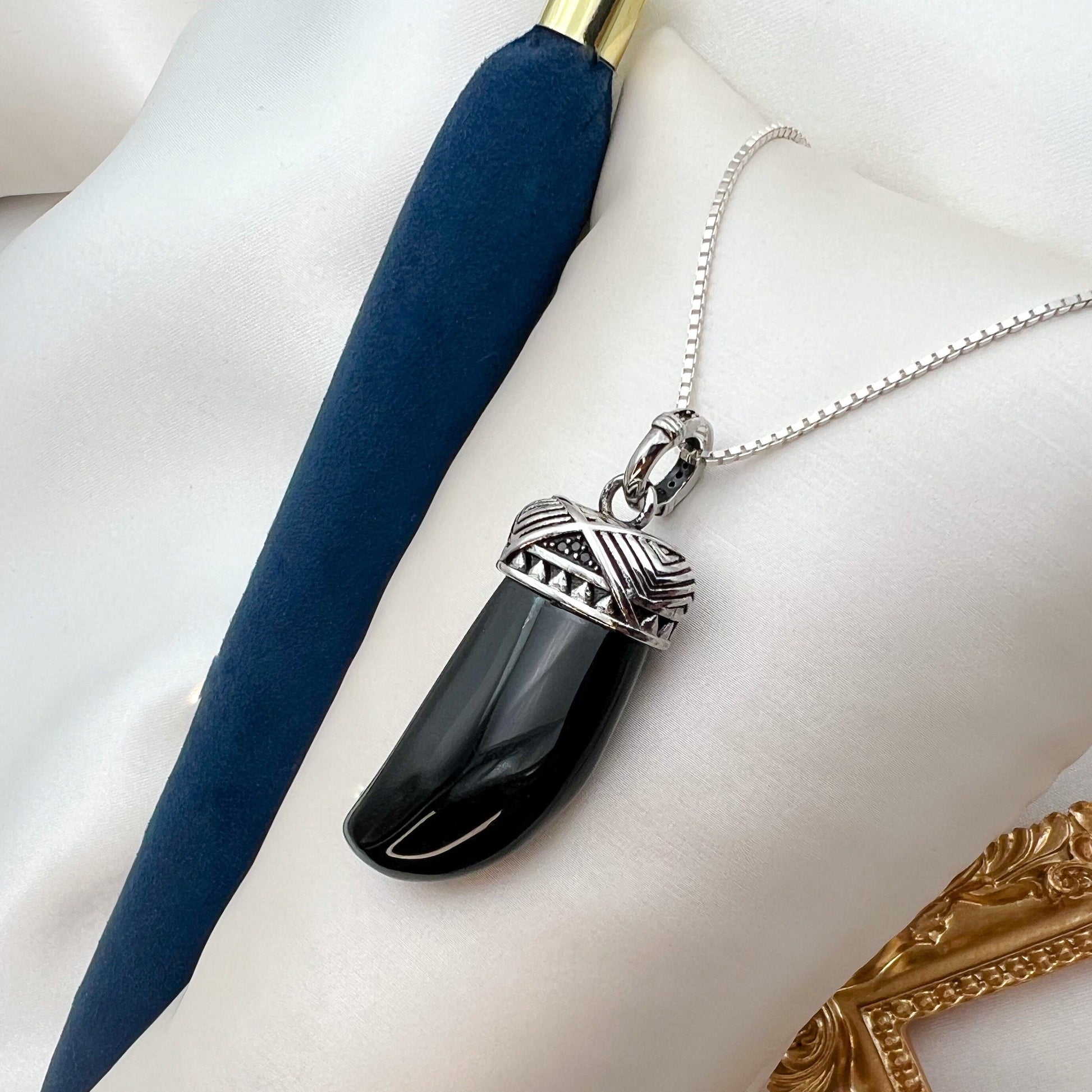 Tiger Tooth Pendant with Black Onyx Stone in Premium 925 Sterling Silver
