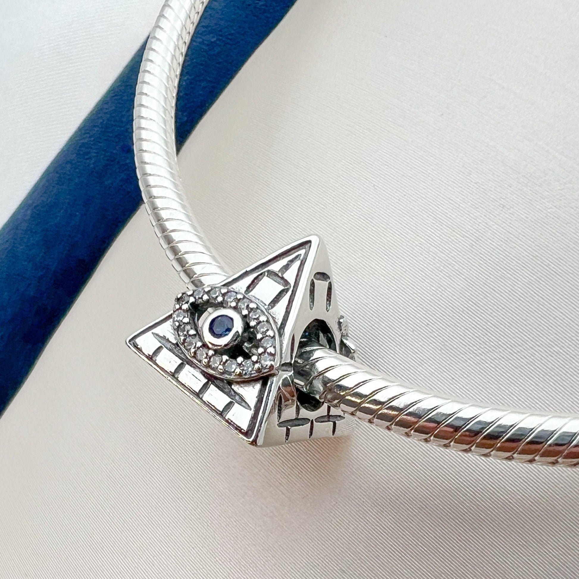 Egyptian Pyramid and Evil Eye Charm in Sterling Silver 925 with Blue Sapphire – Fits Pandora Bracelets