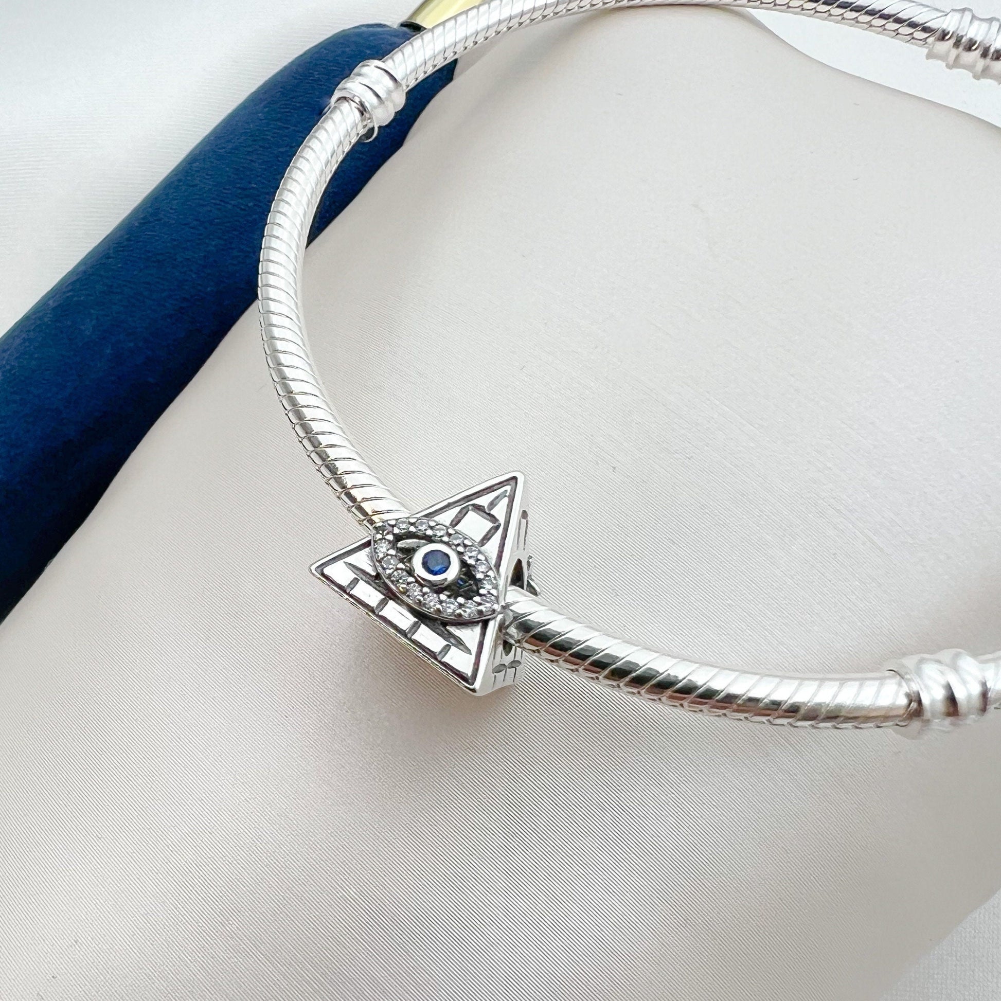Egyptian Pyramid and Evil Eye Charm in Sterling Silver 925 with Blue Sapphire – Fits Pandora Bracelets