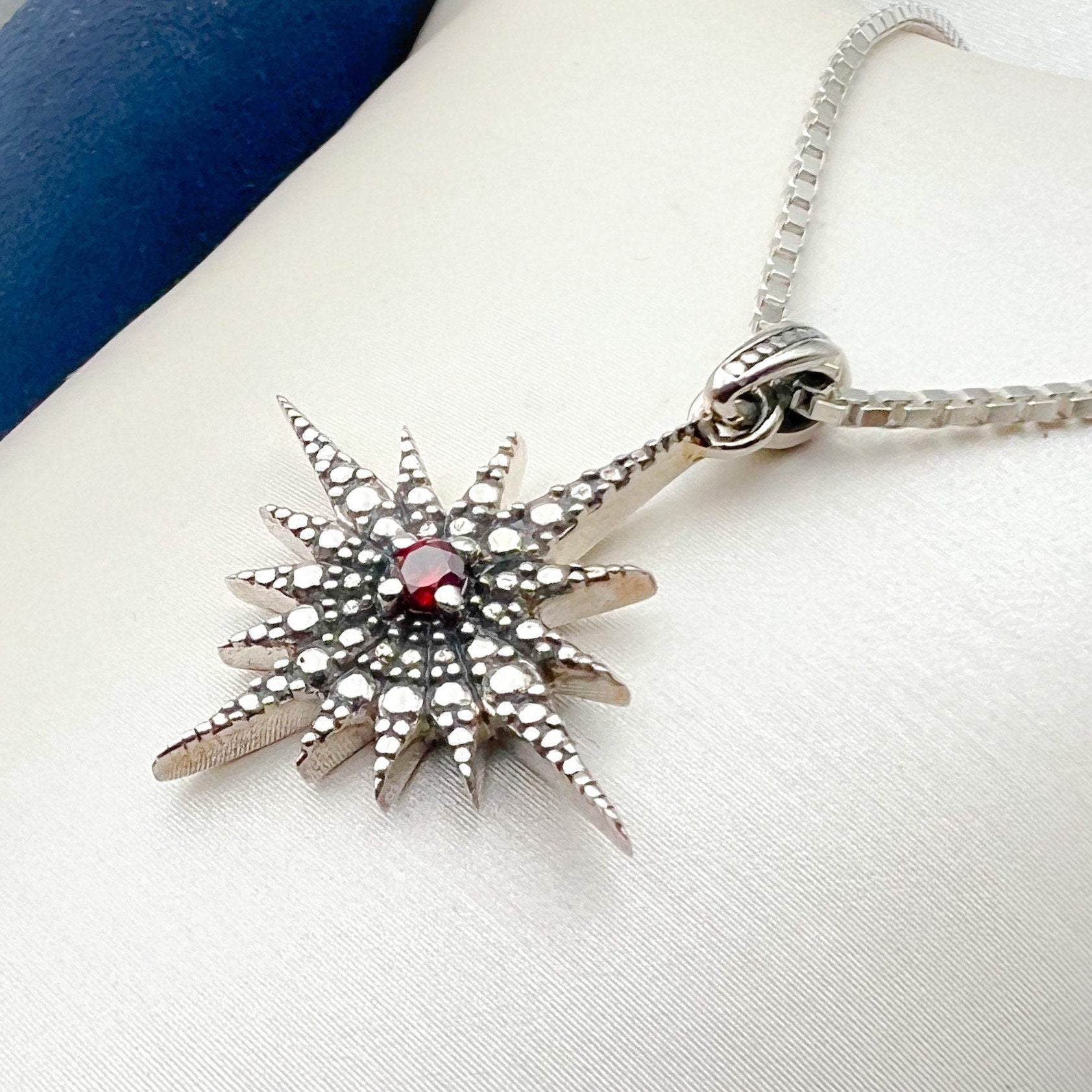 Radiant Star of Bethlehem Pendant – White Red Garnet in Sterling Silver