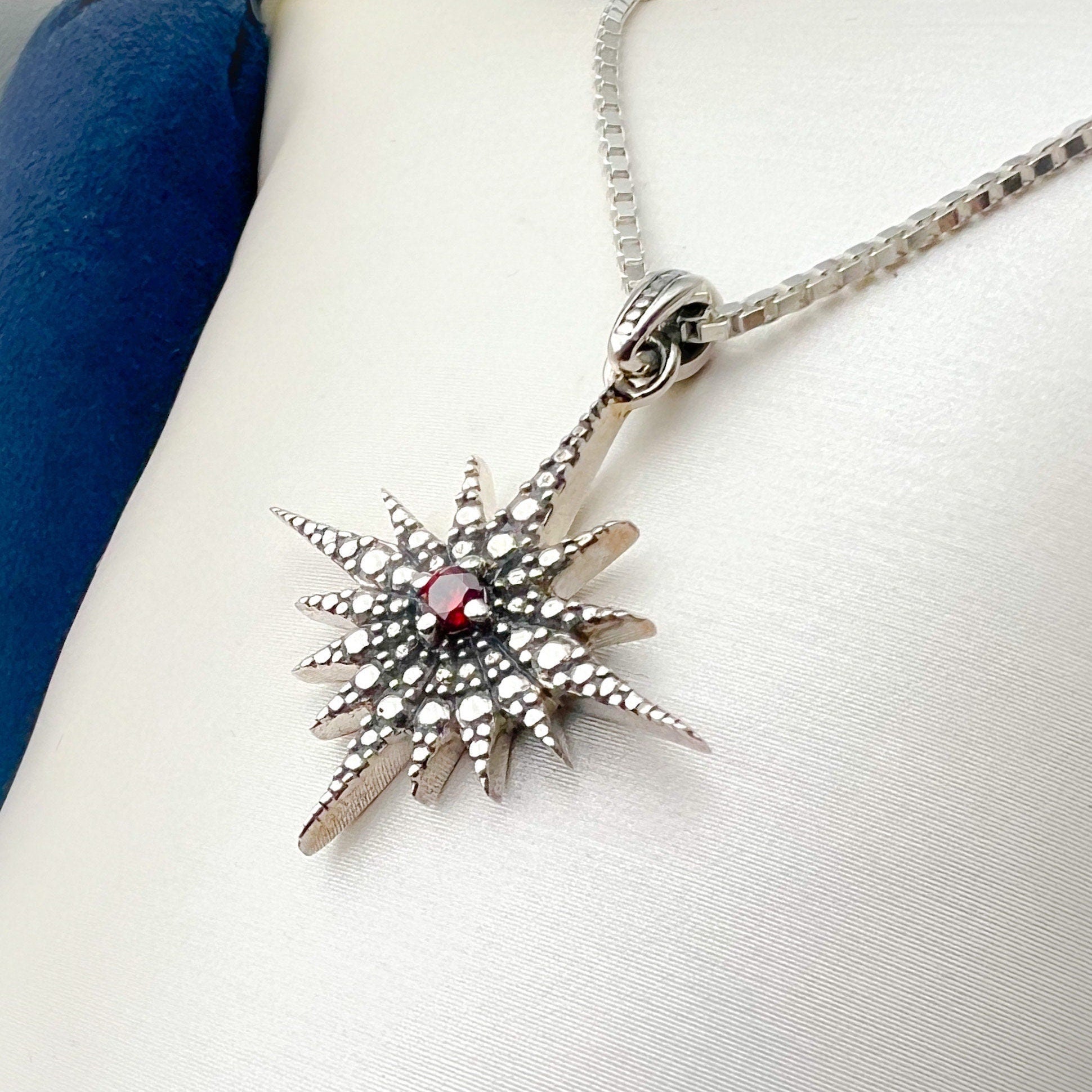 Radiant Star of Bethlehem Pendant – White Red Garnet in Sterling Silver