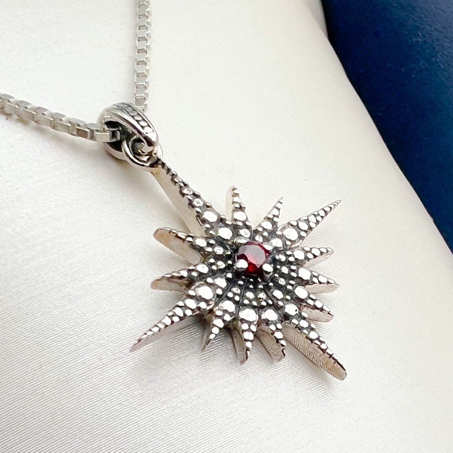 Radiant Star of Bethlehem Pendant – White Red Garnet in Sterling Silver