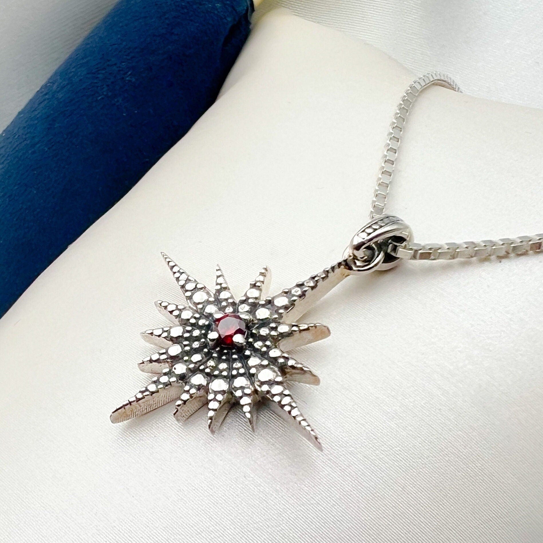 Radiant Star of Bethlehem Pendant – White Red Garnet in Sterling Silver