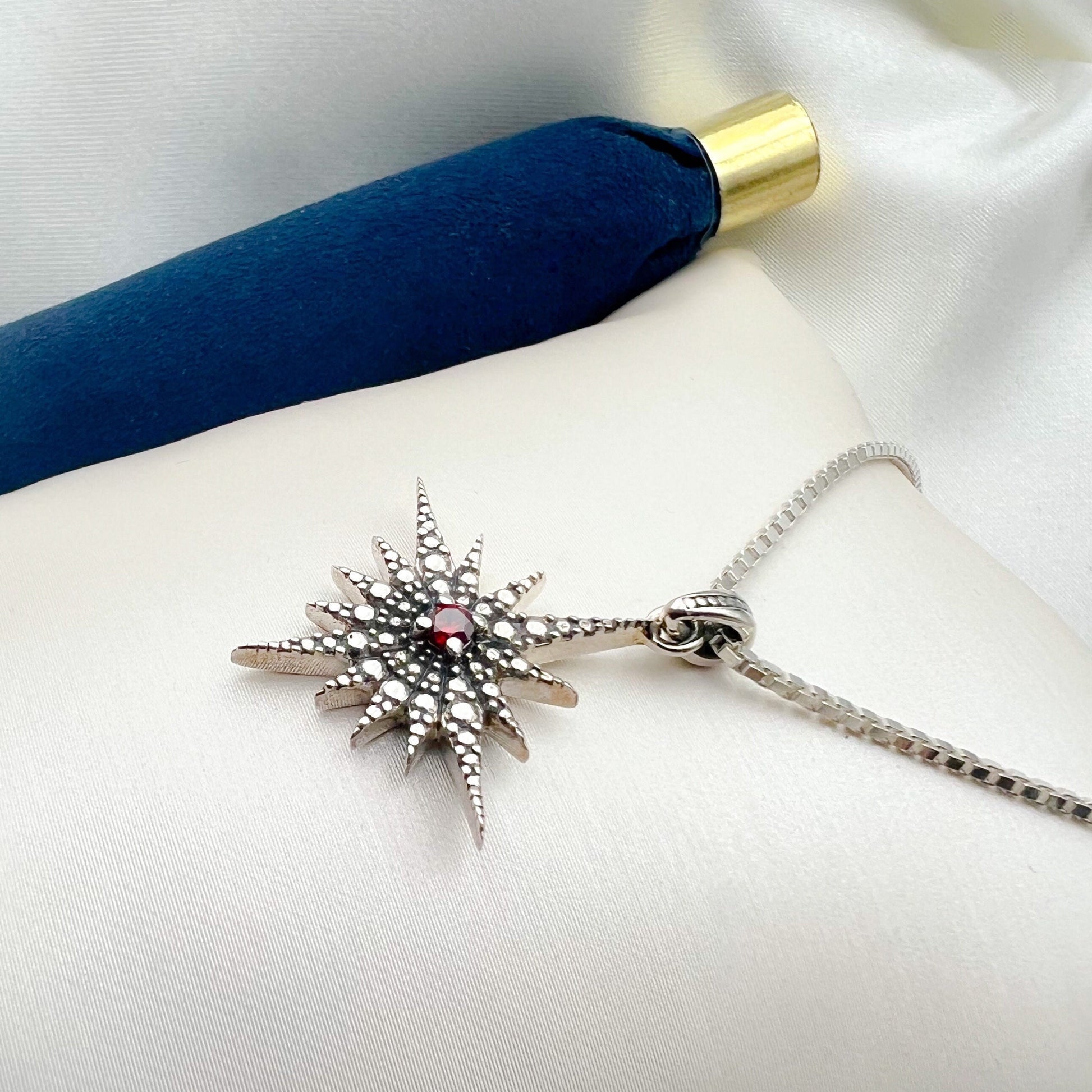 Radiant Star of Bethlehem Pendant – White Red Garnet in Sterling Silver