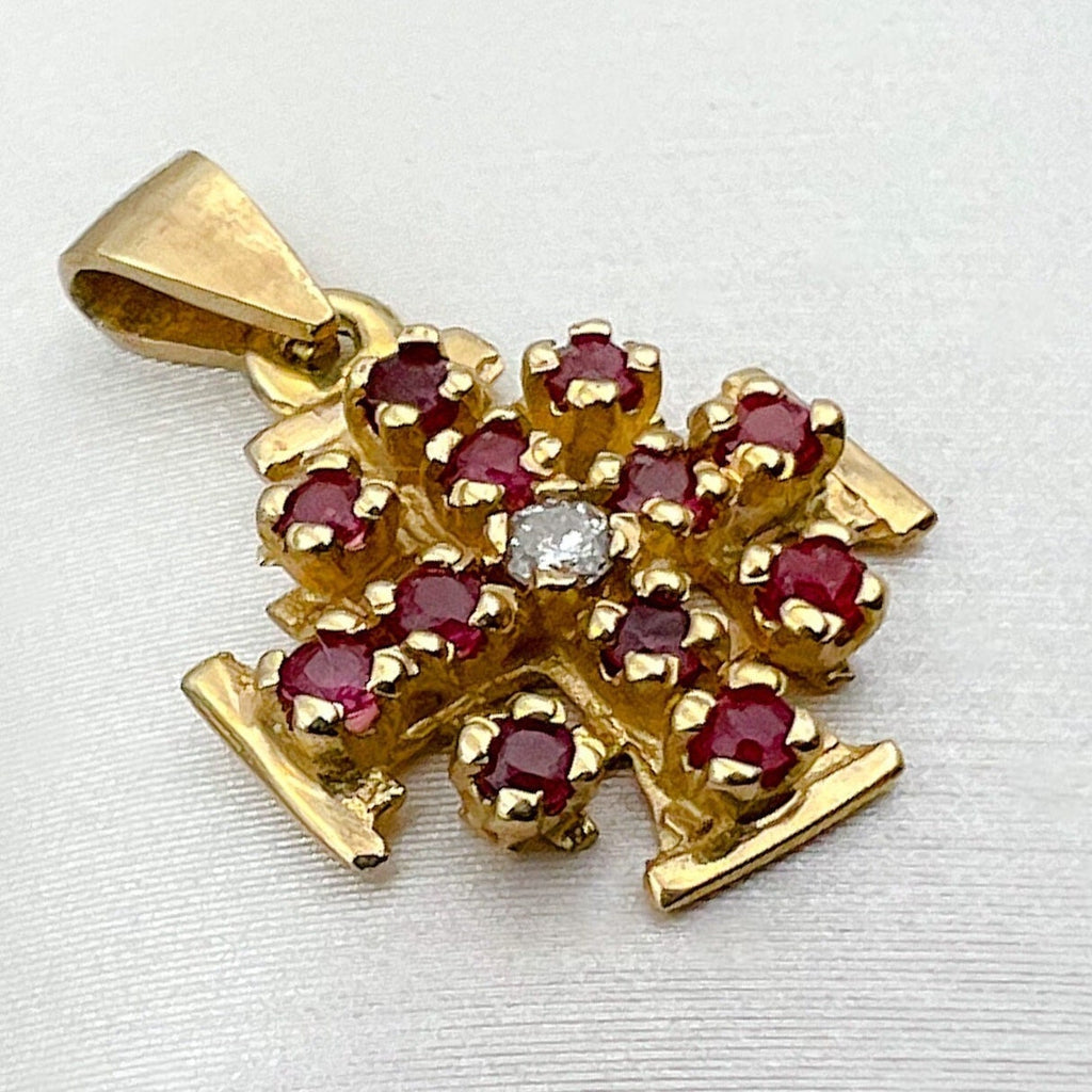 Jerusalem Cross Pendant in 14k Yellow Gold with Rubies and Diamond 0.03ct