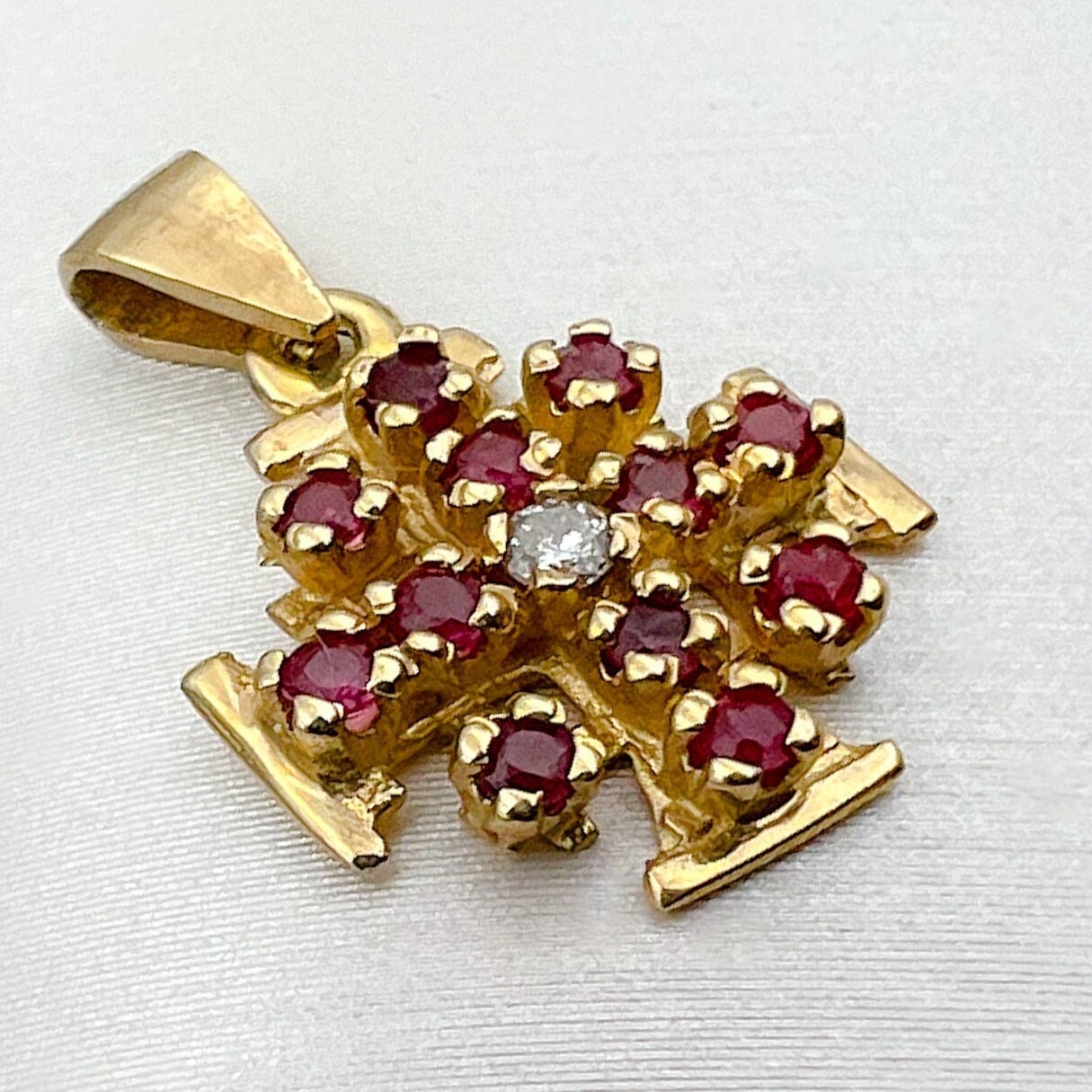 Jerusalem Cross Pendant in 14k Yellow Gold with Rubies and Diamond 0.03ct