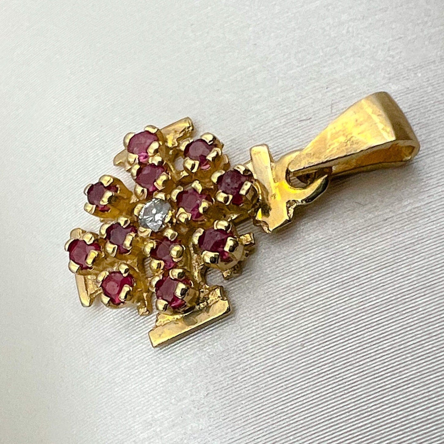 Jerusalem Cross Pendant in 14k Yellow Gold with Rubies and Diamond 0.03ct