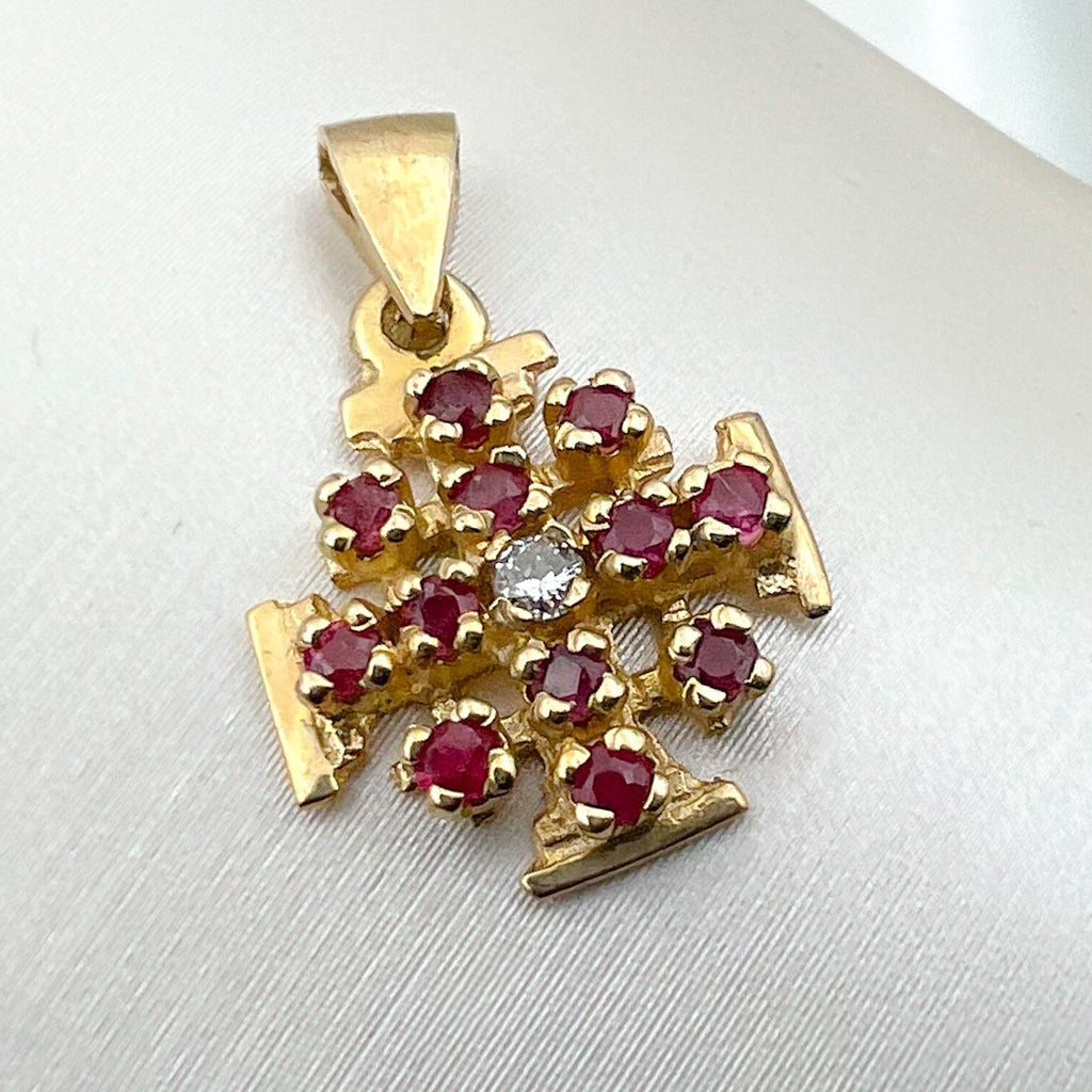 Jerusalem Cross Pendant in 14k Yellow Gold with Rubies and Diamond 0.03ct