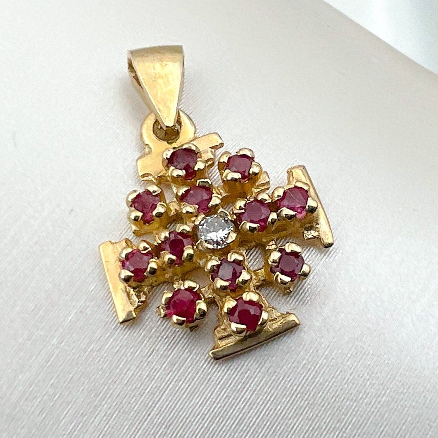 Jerusalem Cross Pendant in 14k Yellow Gold with Rubies and Diamond 0.03ct