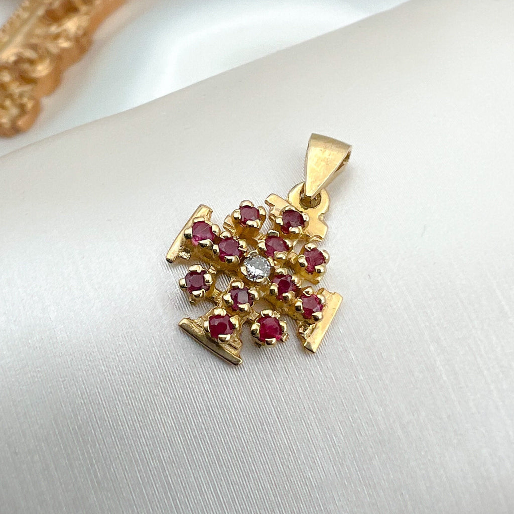 Jerusalem Cross Pendant in 14k Yellow Gold with Rubies and Diamond 0.03ct