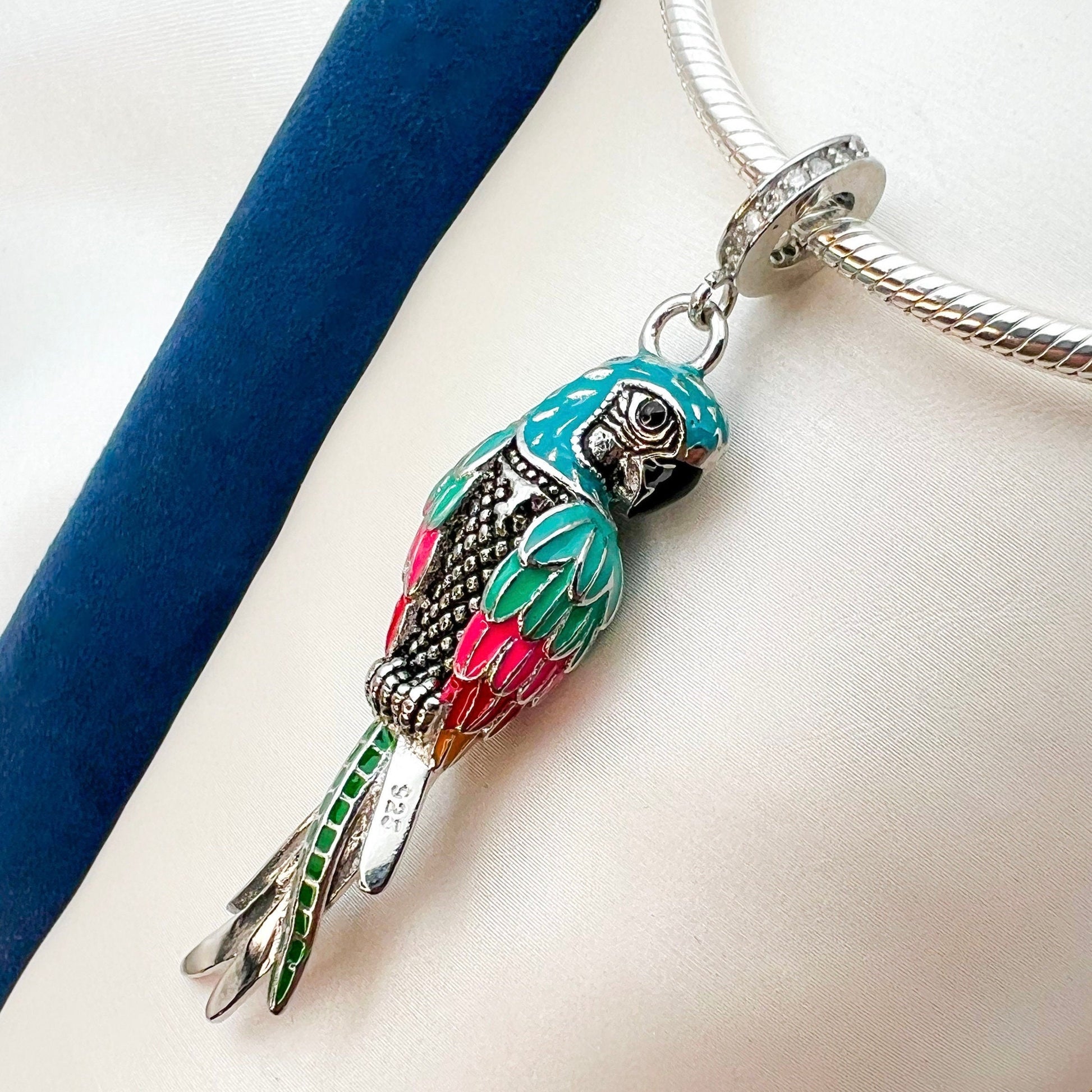 Tropical Macaw Parrot Charm in Sterling Silver with Enamel