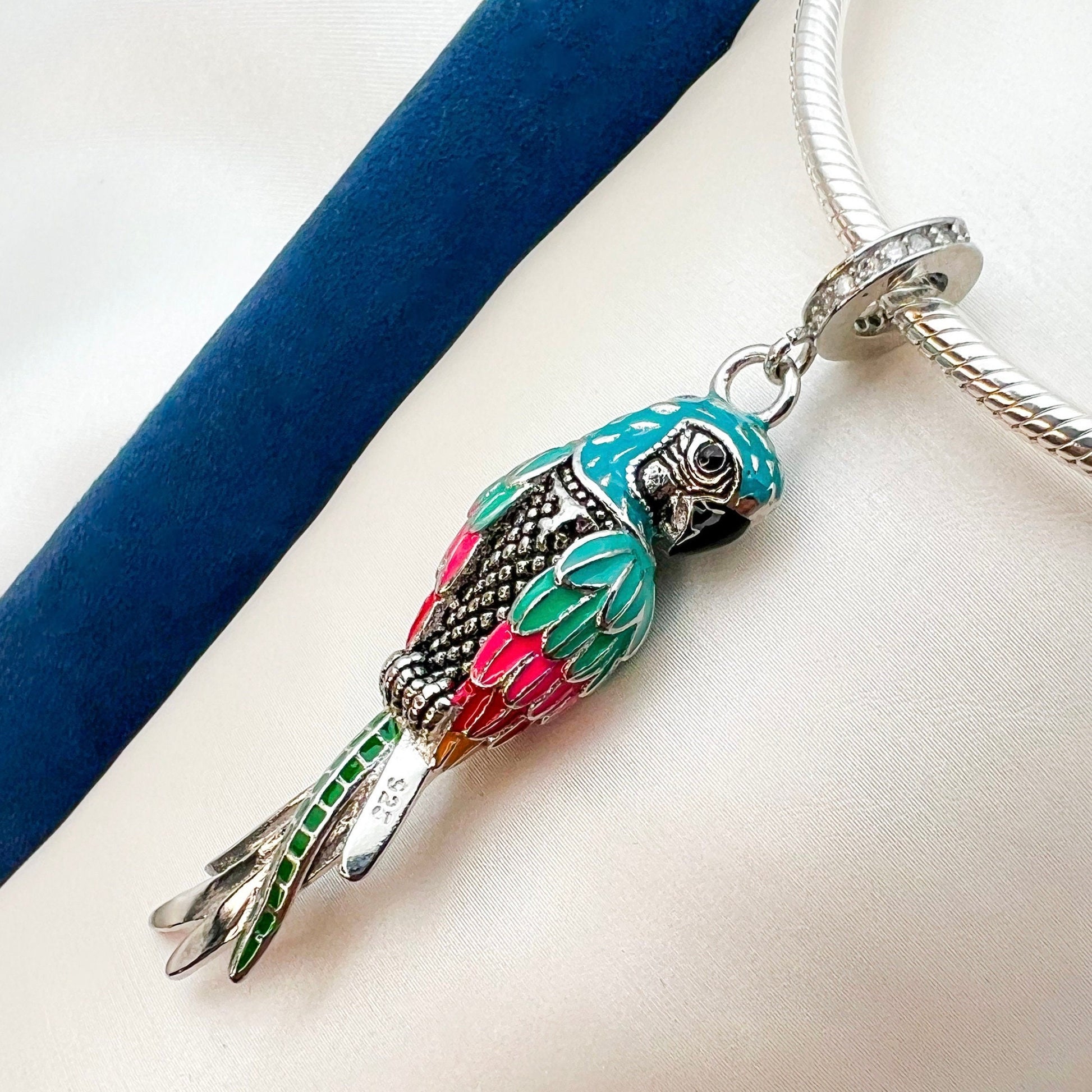 Tropical Macaw Parrot Charm in Sterling Silver with Enamel