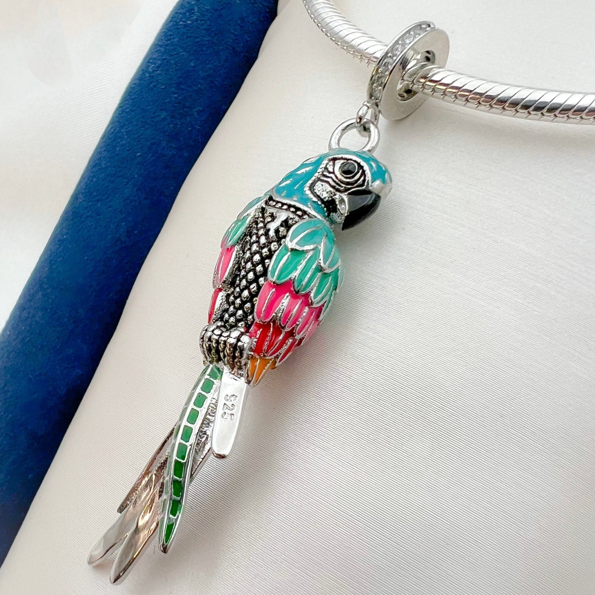 Tropical Macaw Parrot Charm in Sterling Silver with Enamel