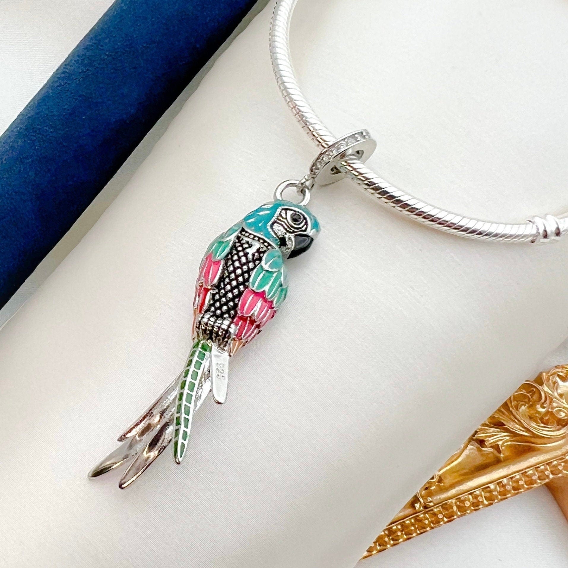 Tropical Macaw Parrot Charm in Sterling Silver with Enamel