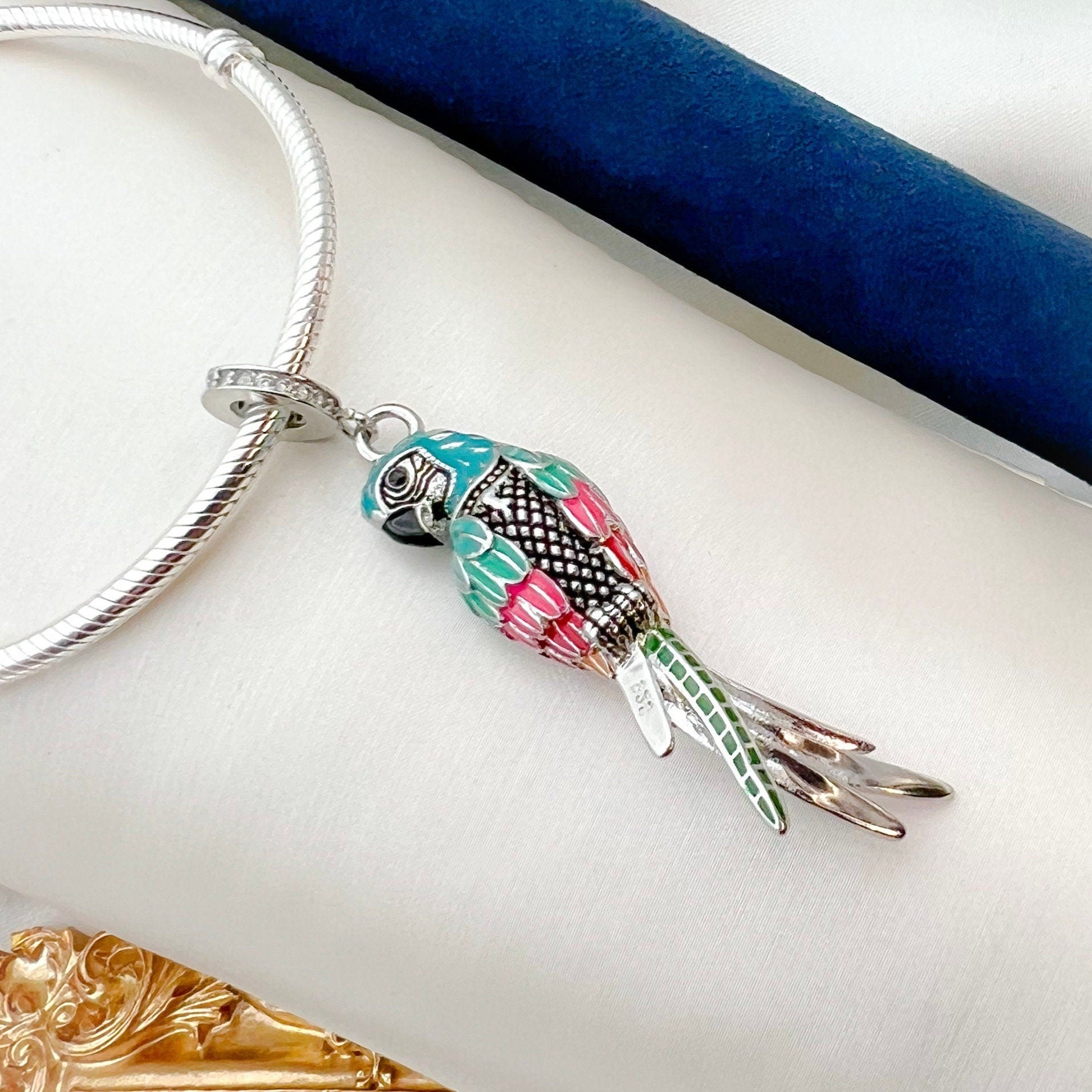 Tropical Macaw Parrot Charm in Sterling Silver with Enamel