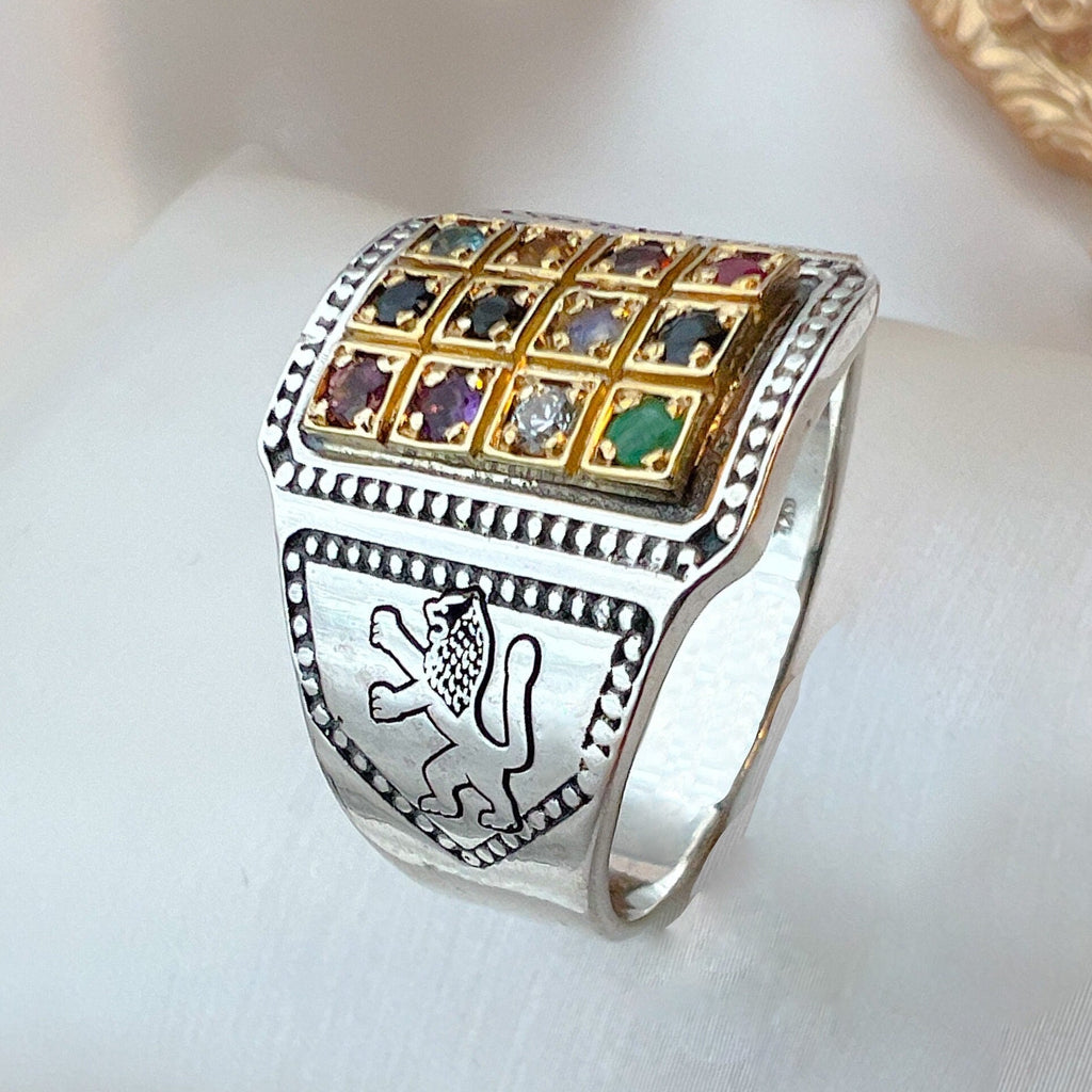 14k Gold Handmade Hoshen Ring with Lion of Judah and 12 Gemstones