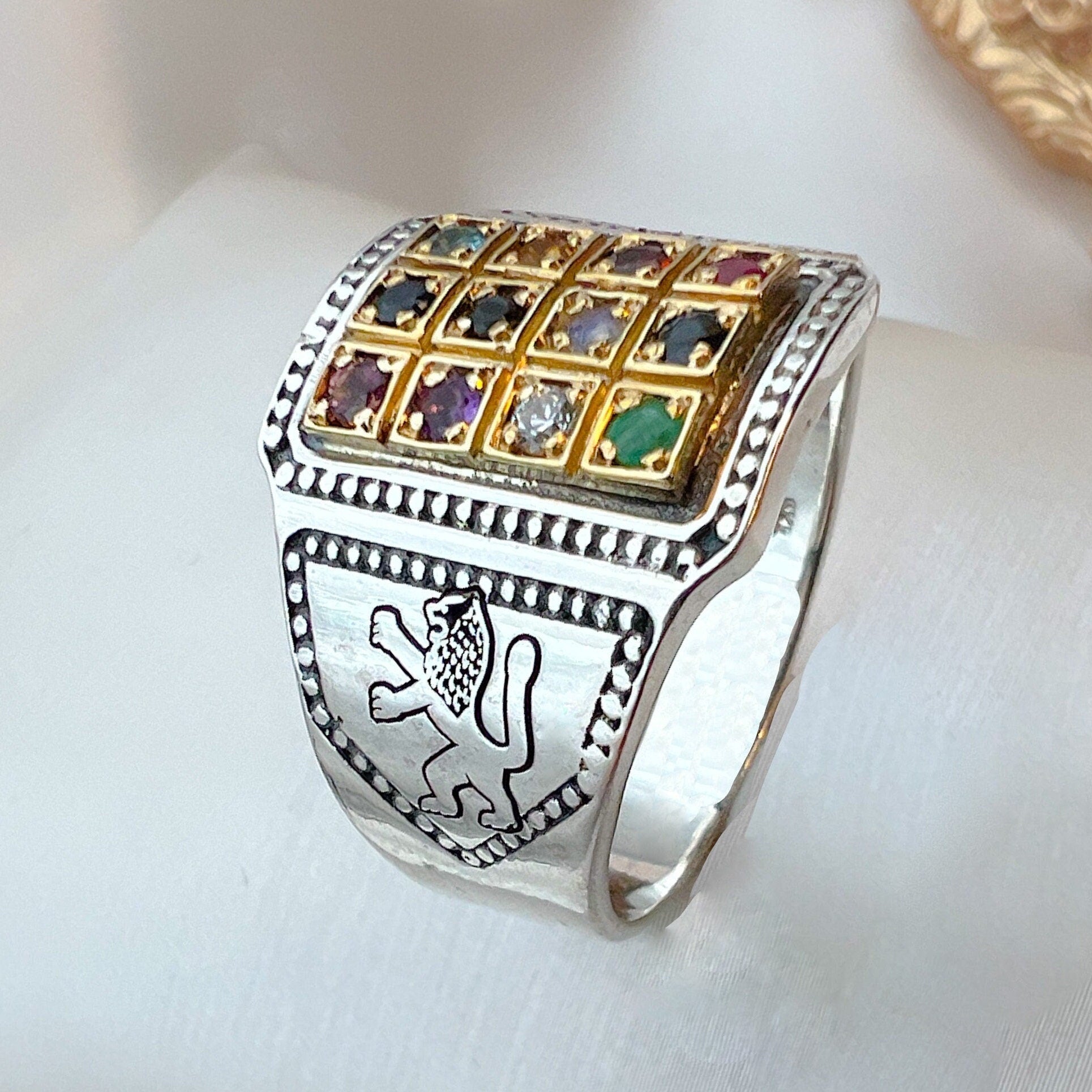 14k Gold Handmade Hoshen Ring with Lion of Judah and 12 Gemstones