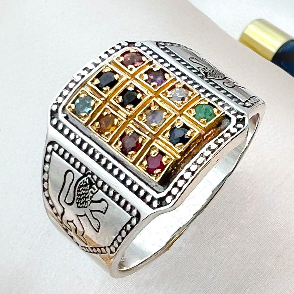 14k Gold Handmade Hoshen Ring with Lion of Judah and 12 Gemstones